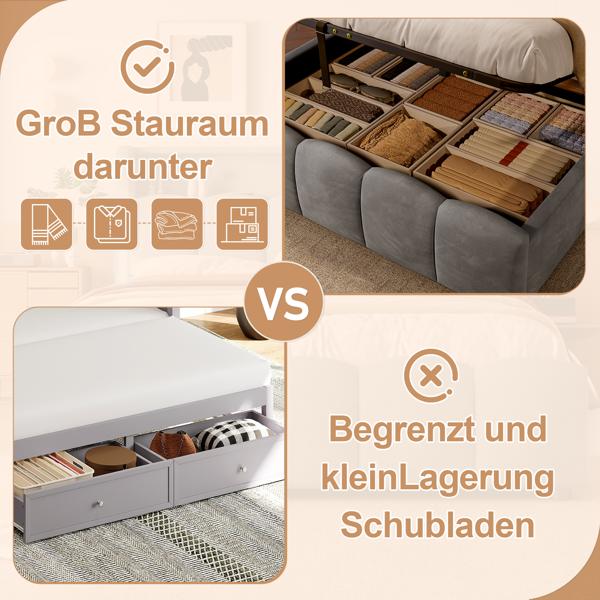 Présentation de Lit coffre rembourré en velours 140 x 200 cm avec rangement hydraulique, LED, ports USB-C et tête de lit avec rangement, Gris, sans matelas