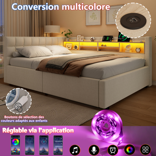 Éclairage LED intégré du lit coffre 140x200 cm