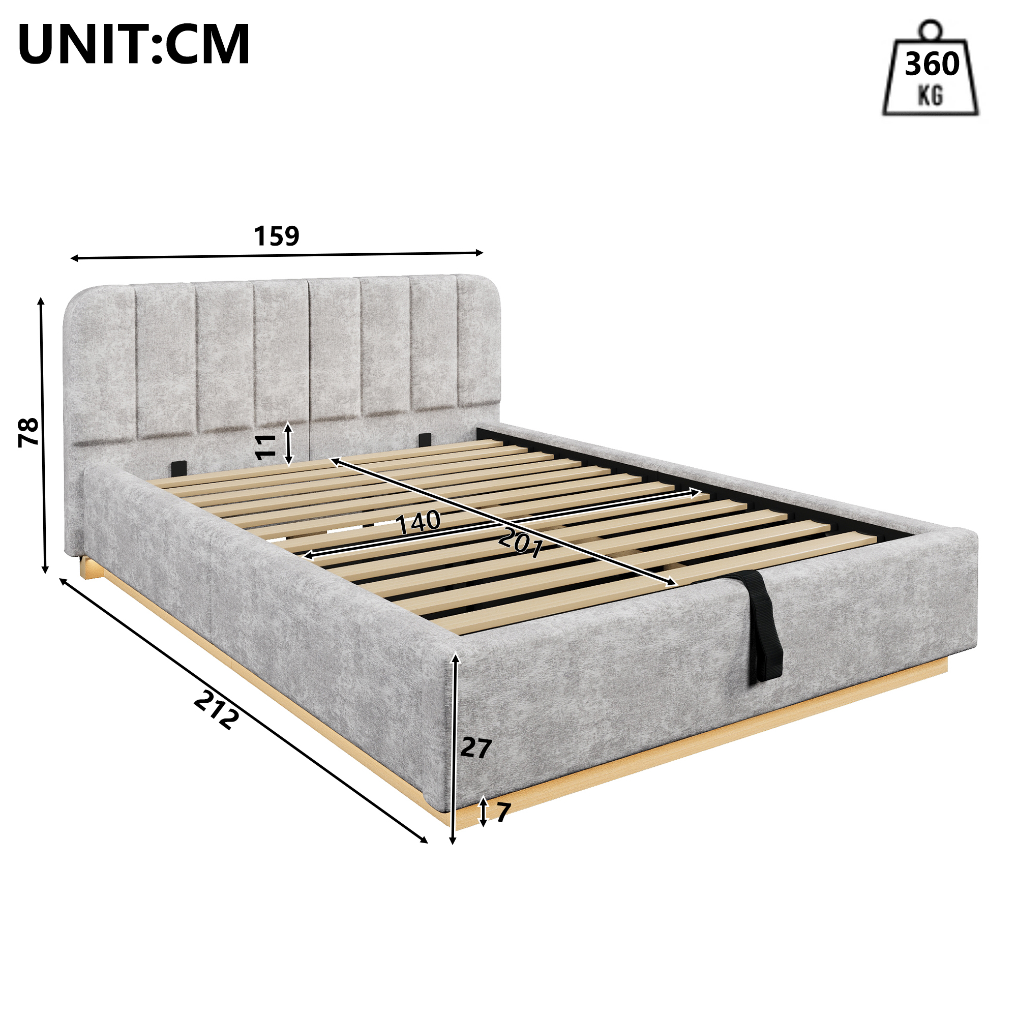 Dimensions et fonctions de Lit coffre rembourré en chenille 140 x 200 cm avec rangement hydraulique, LED et sommier à lattes, Gris, sans matelas
