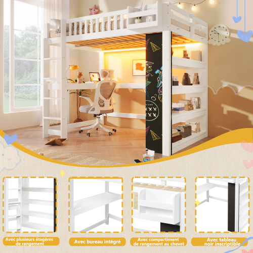 Lit mezzanine blanc 140x200 cm avec bureau et rangements