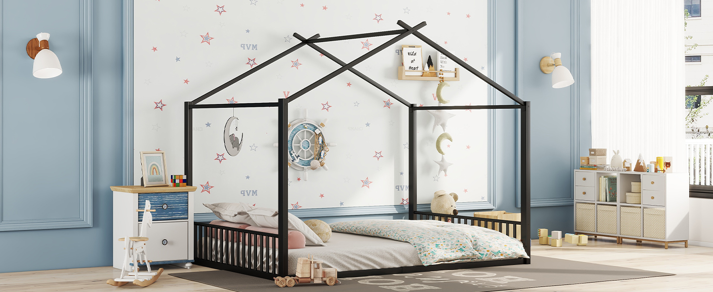 Lit mezzanine enfant en métal en forme de maison noir, pour chambre d'enfant, design unique, espace de jeu, style moderne, facile montage, stabilité, sécurité, utilisation polyvalente, décoration - image 19