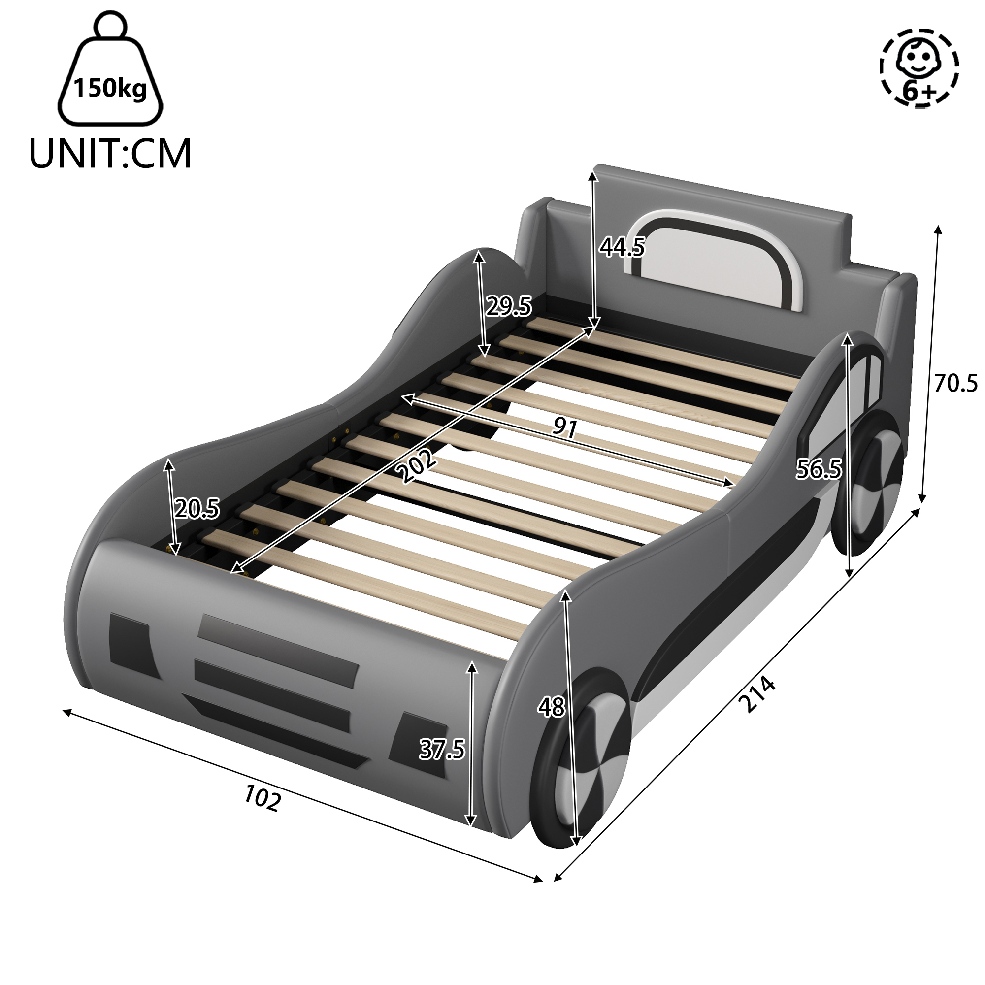 Vue complémentaire du lit voiture enfant avec espace de rangement