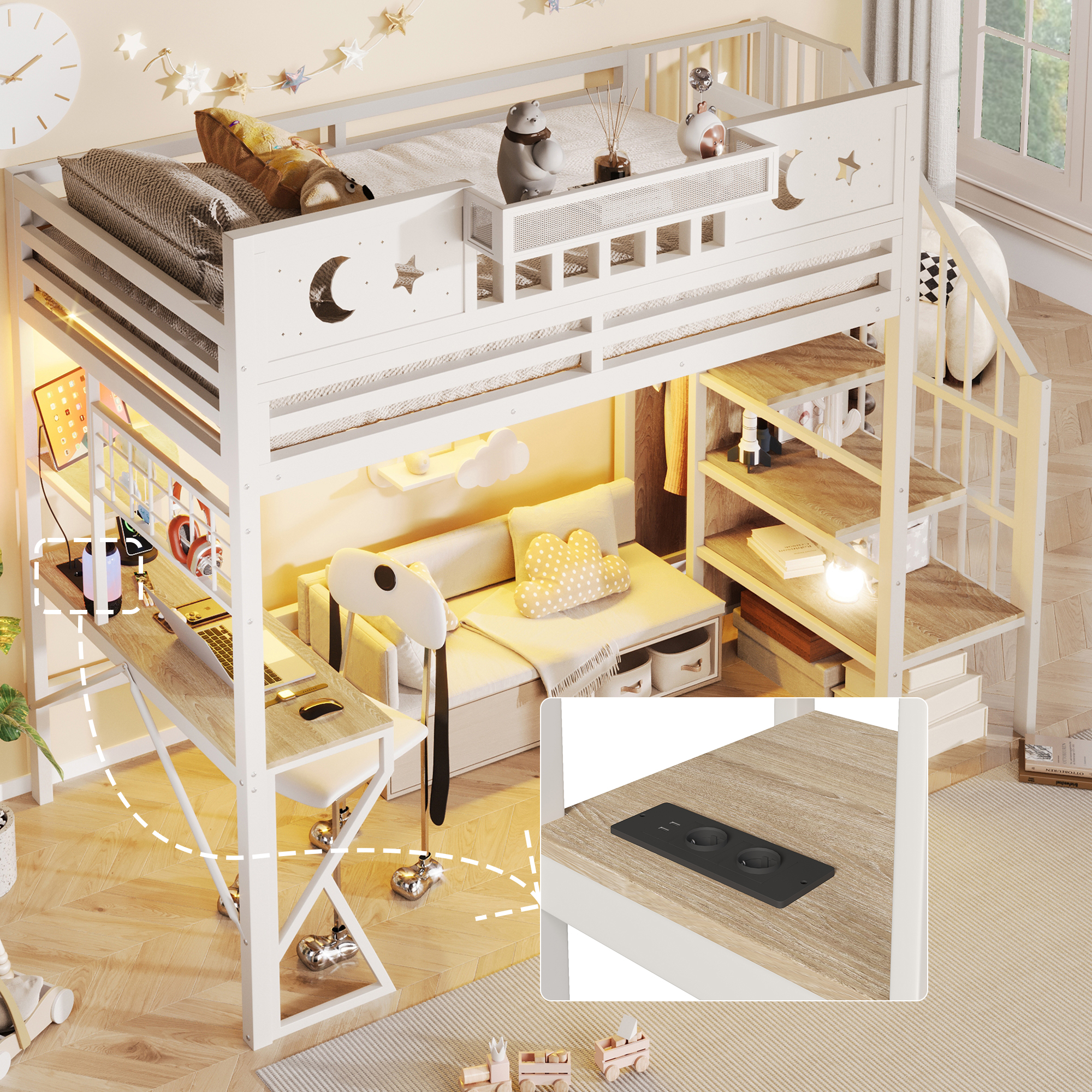 Lit mezzanine 90 x 200 cm, bureau intégré, échelle, éclairage LED au niveau du bureau, prise intégrée, métal et MDF, blanc, 255 x 109 x 187 cm - vue principale 1