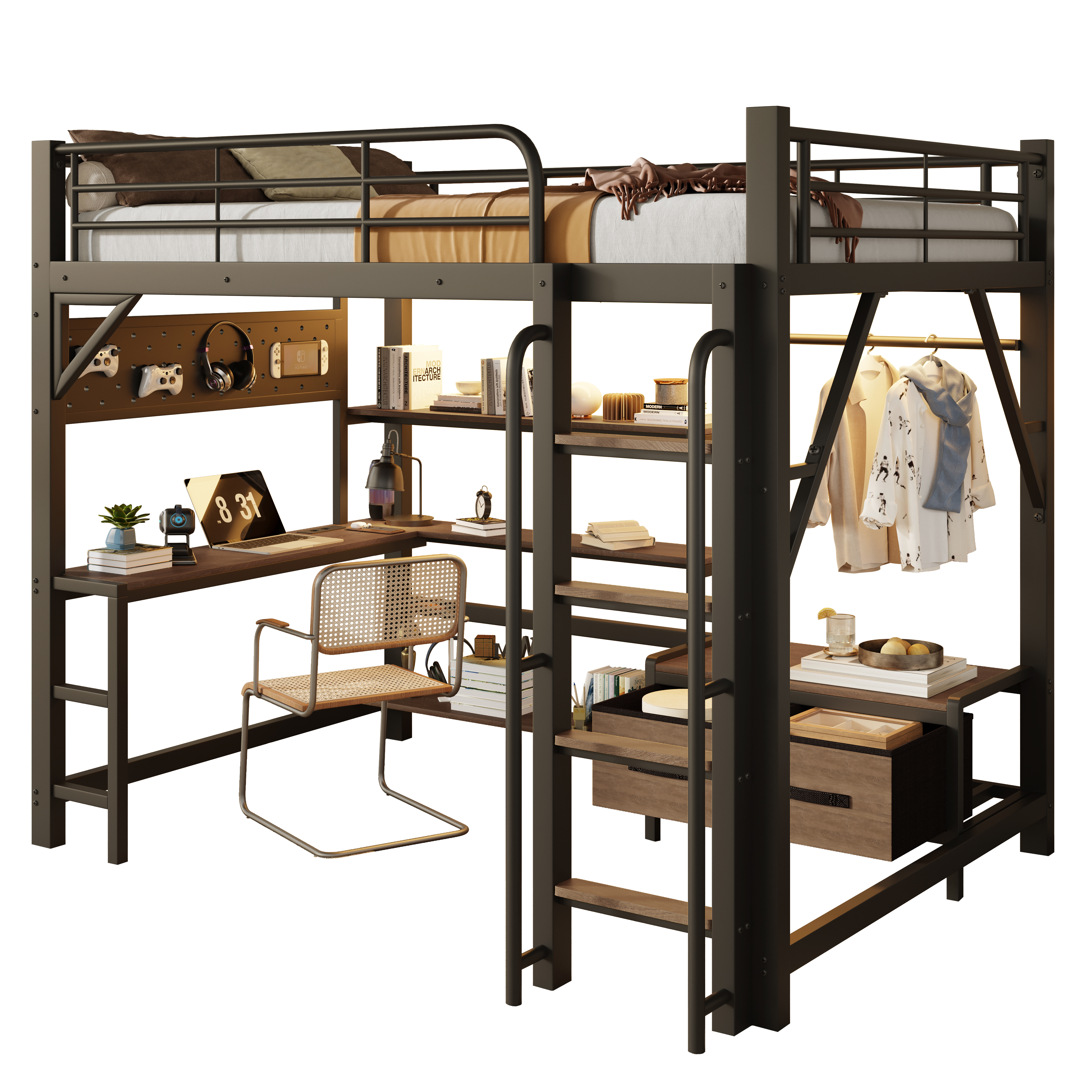 Lit mezzanine 140 x 200 cm avec éclairage LED, port USB / Type-C, prises intégrées, rangements intégrés, bureau intégré, noir - points forts 1