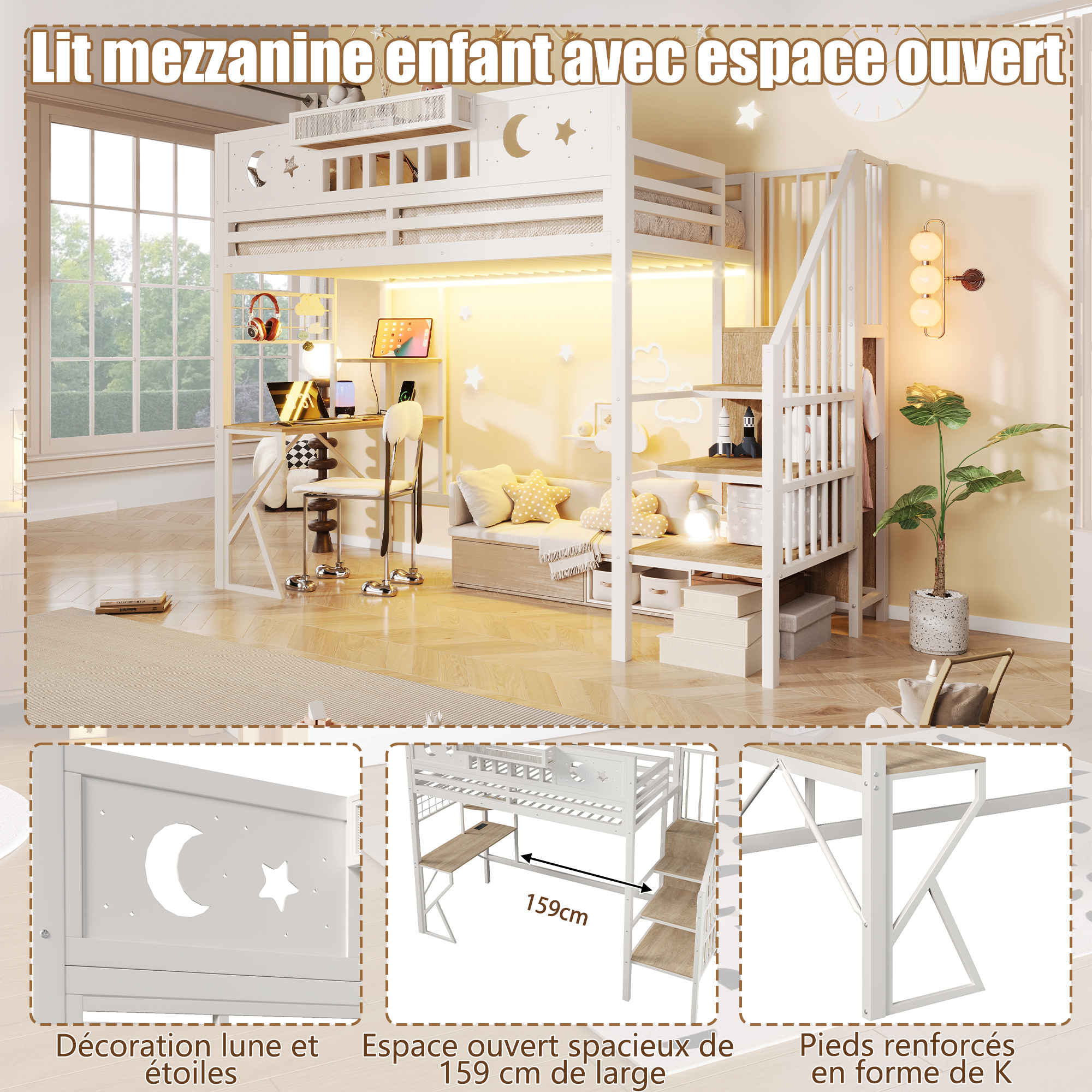 Lit mezzanine 90 x 200 cm, bureau intégré, échelle, éclairage LED au niveau du bureau, prise intégrée, métal et MDF, blanc, 255 x 109 x 187 cm - spécifications 1