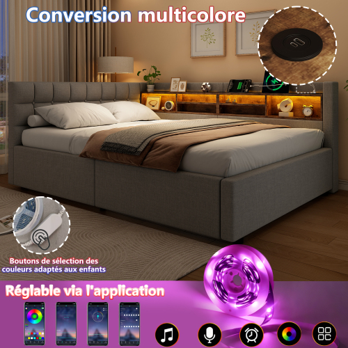 Éclairage LED intégré du lit coffre 140x200 cm