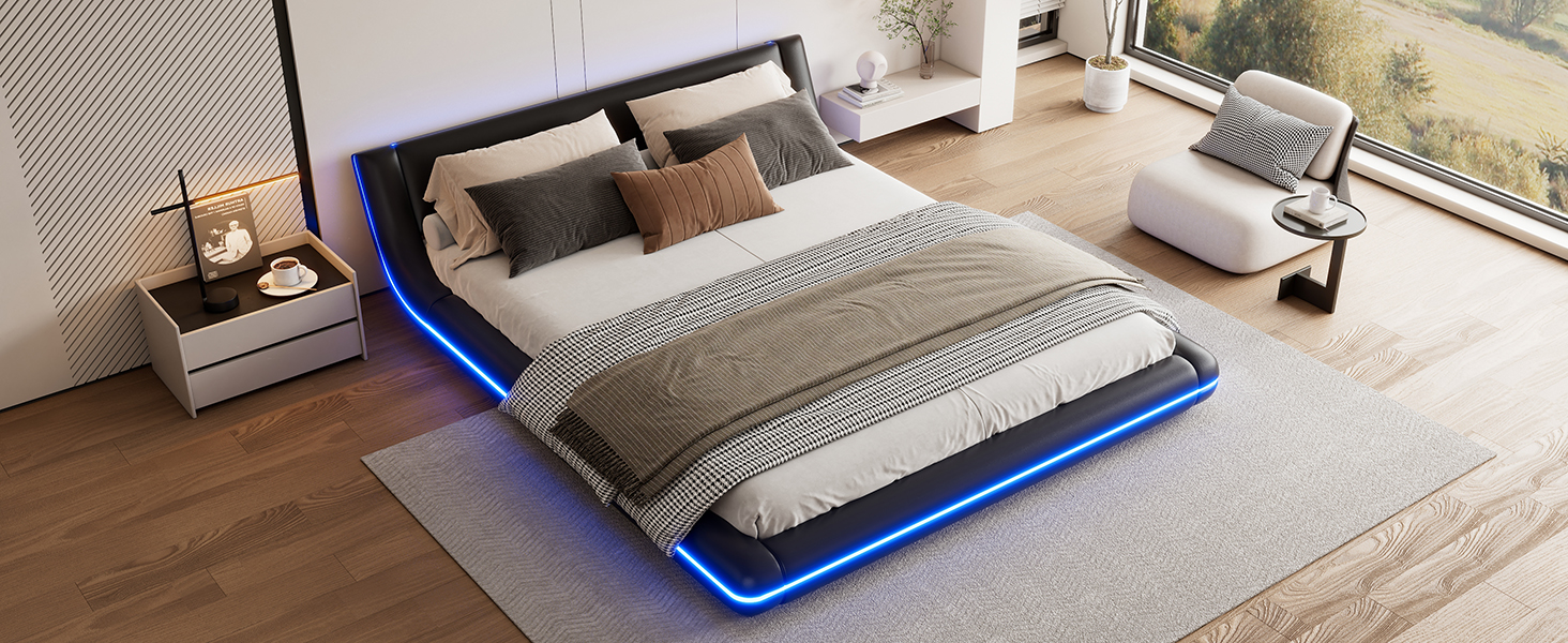Lit au sol en PU et MDF avec LED changeantes contrôlable app, pour chambre, structure stable, ambiance romantique, design moderne, matériau durable, confort et technologie, style fonctionnel élégant - image 18