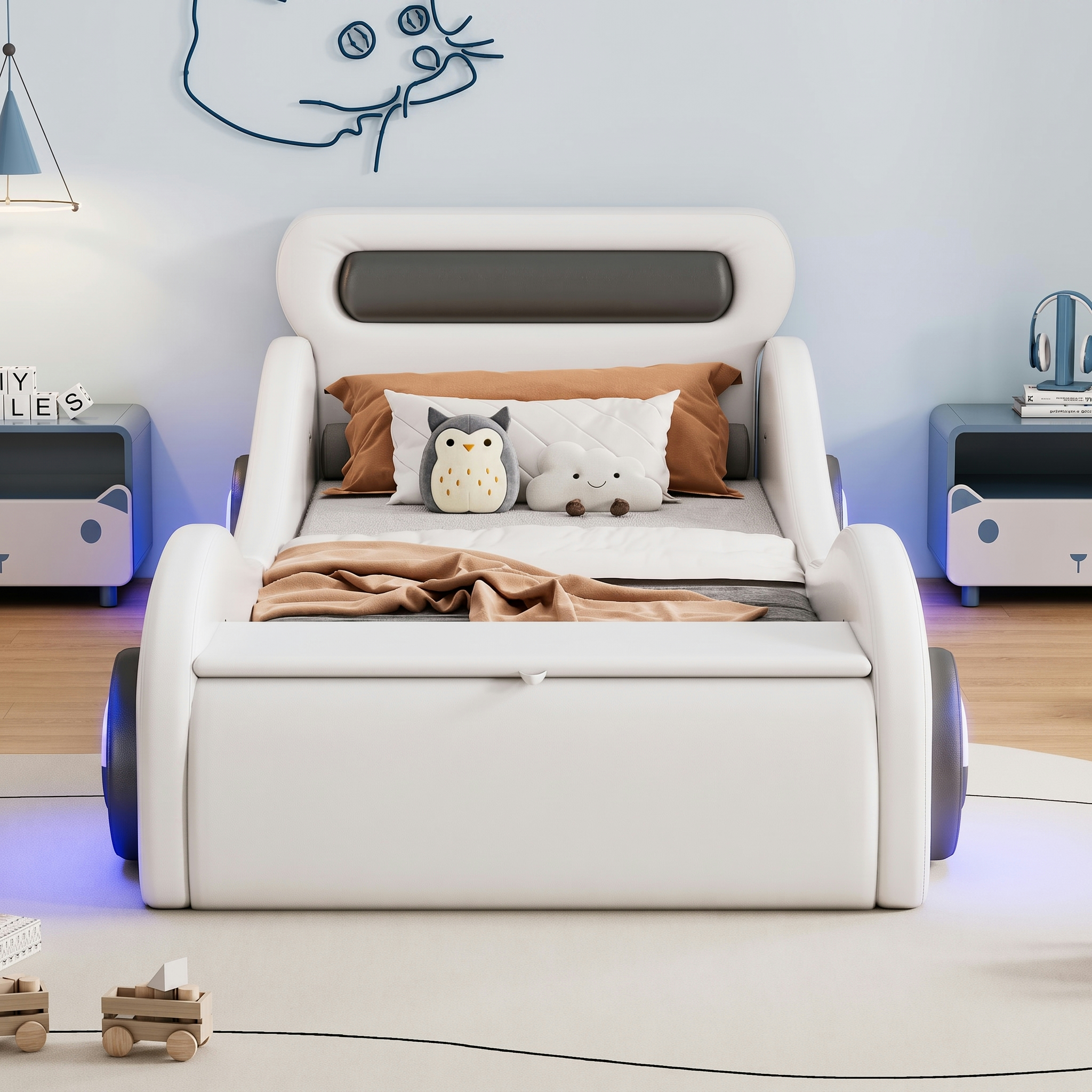 Lit enfant voiture blanc 90x200 cm avec roues LED