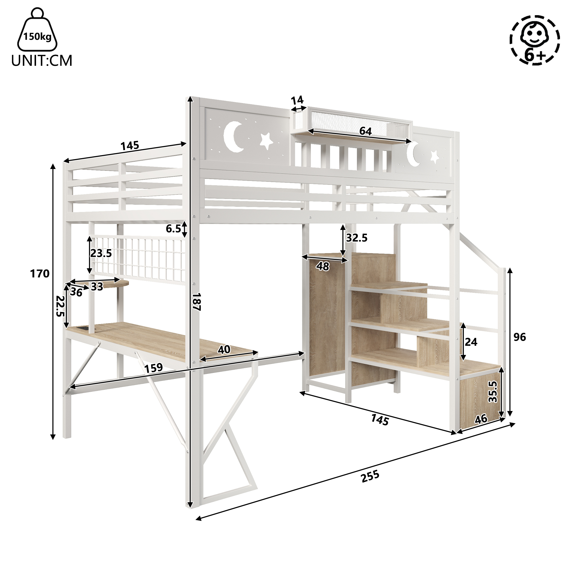 Lit mezzanine 140 x 200 cm, bureau intégré, échelle, éclairage LED au niveau du bureau, prise intégrée, métal et MDF, blanc, 255 x 159 x 187 cm - vue complémentaire 1