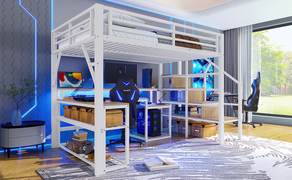 Lit mezzanine fer et MDF avec LED contrôlable app, USB, étagères et compartiments, pour chambre d'enfant et étude, structure stable, ambiance lumineuse, beaucoup de rangement, design moderne, sécurité - image 17