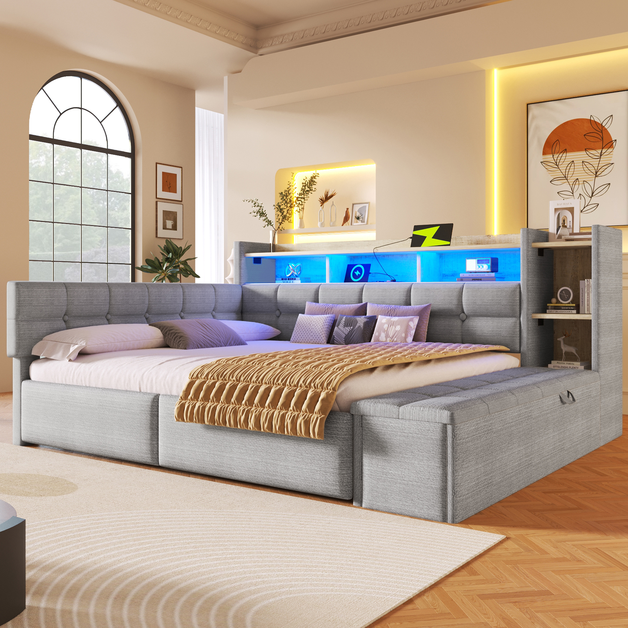 Lit banquette 140 x 190 cm avec rangements et tiroirs gris - présentation 1