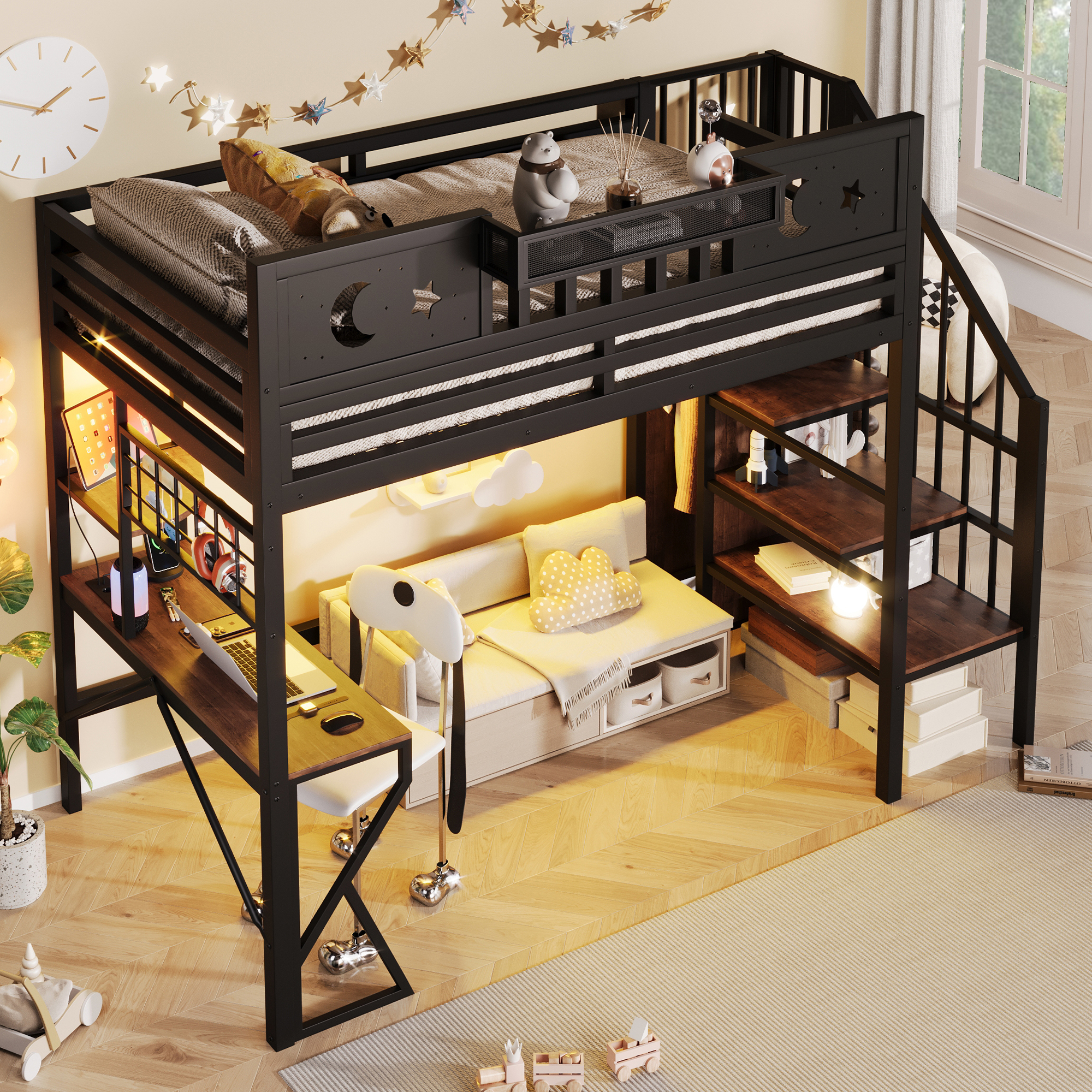 Lit mezzanine 90 x 200 cm, bureau intégré, échelle, éclairage LED au niveau du bureau, prise intégrée, métal et MDF, noir, 255 x 109 x 187 cm - présentation 1