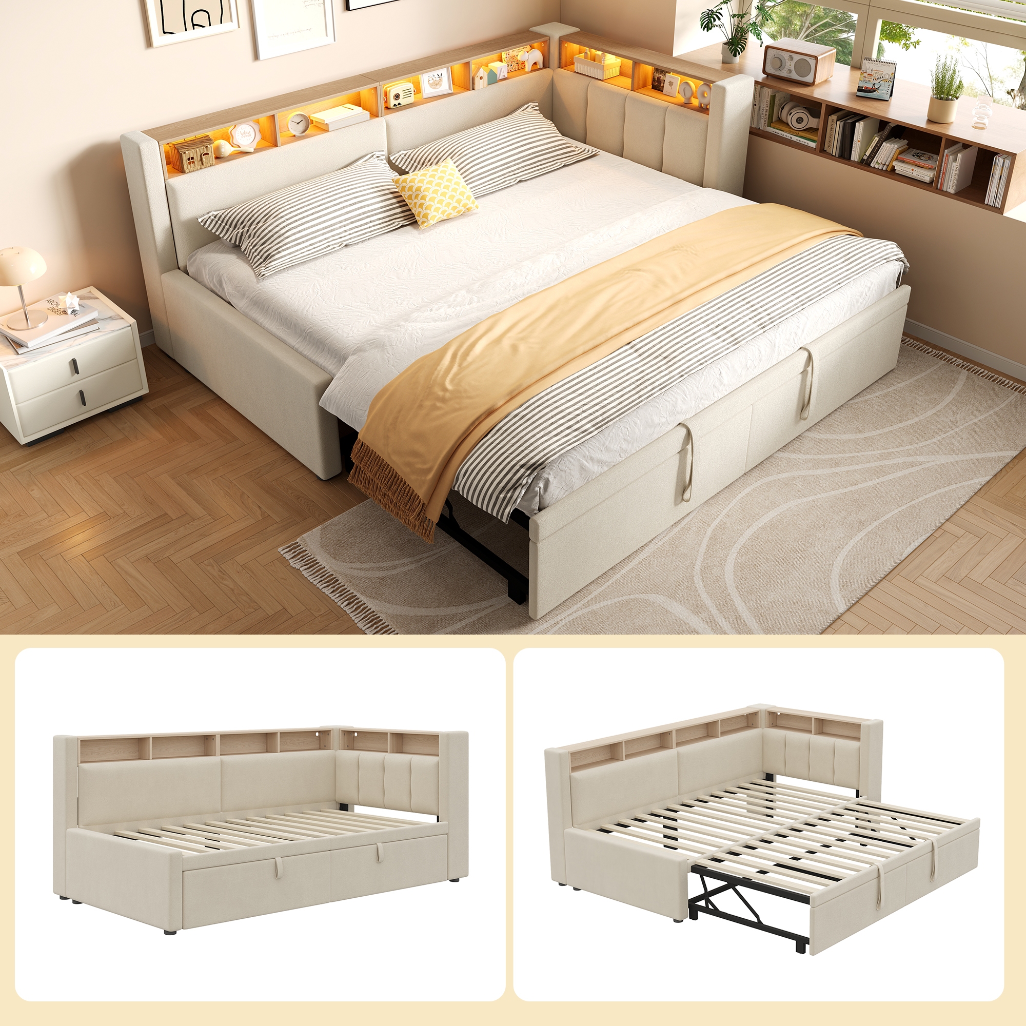 Lit de Jour Convertible 90×200 cm – Lin de Qualité, LED et Rangement Intégré – Bandeau LED multicolore et atmosphère personnalisée