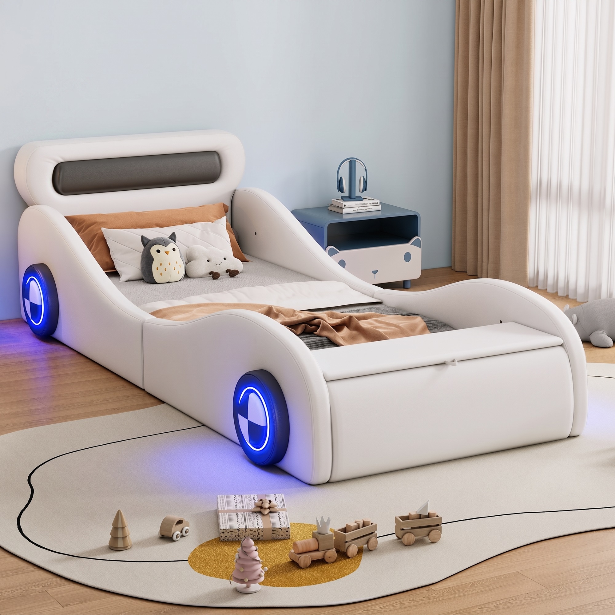 Détail du lit voiture enfant blanc avec rangement
