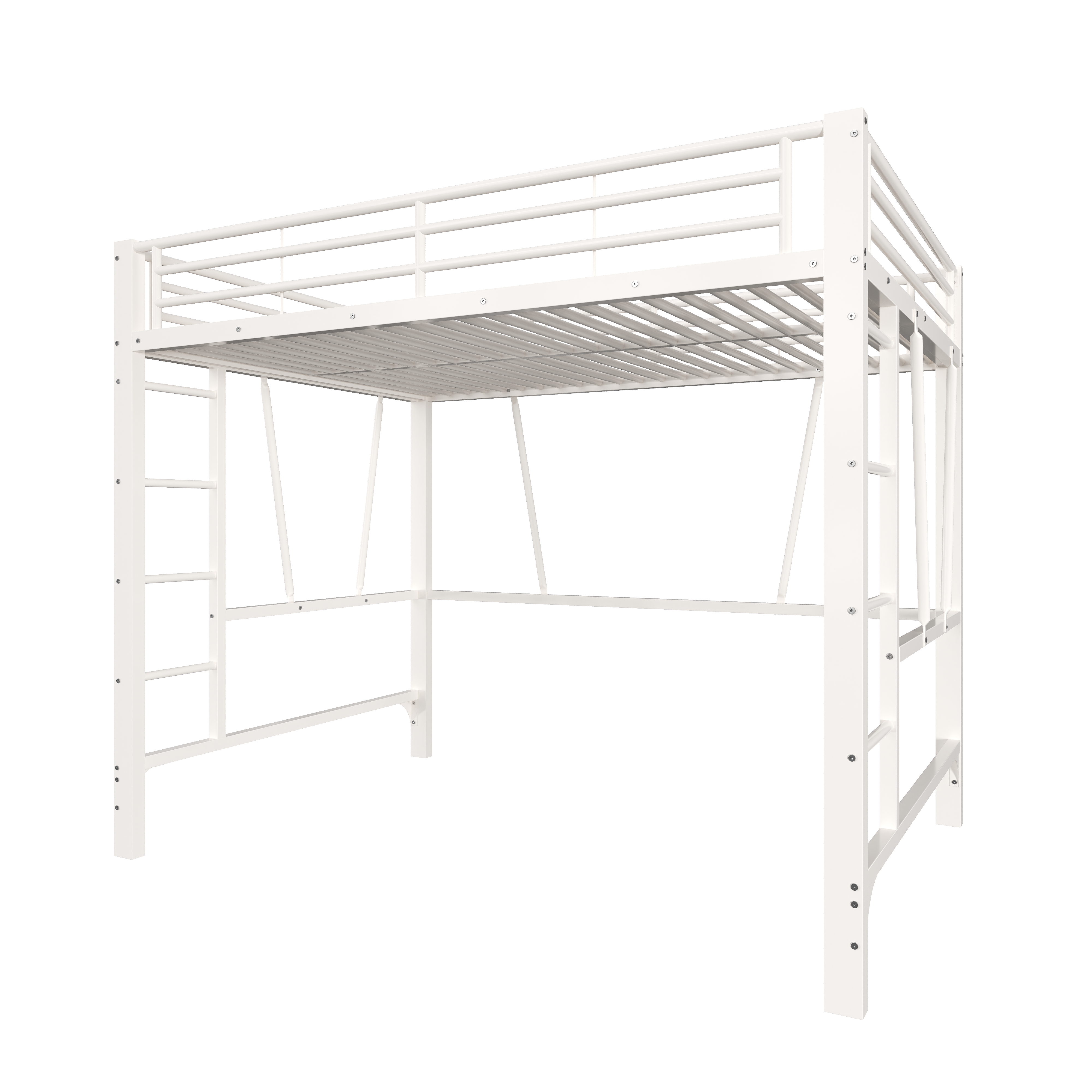 Présentation de Lit mezzanine en métal 140 x 200 cm avec double échelle, rangements, espace inférieur ouvert et barrières de sécurité, Blanc, sans matelas