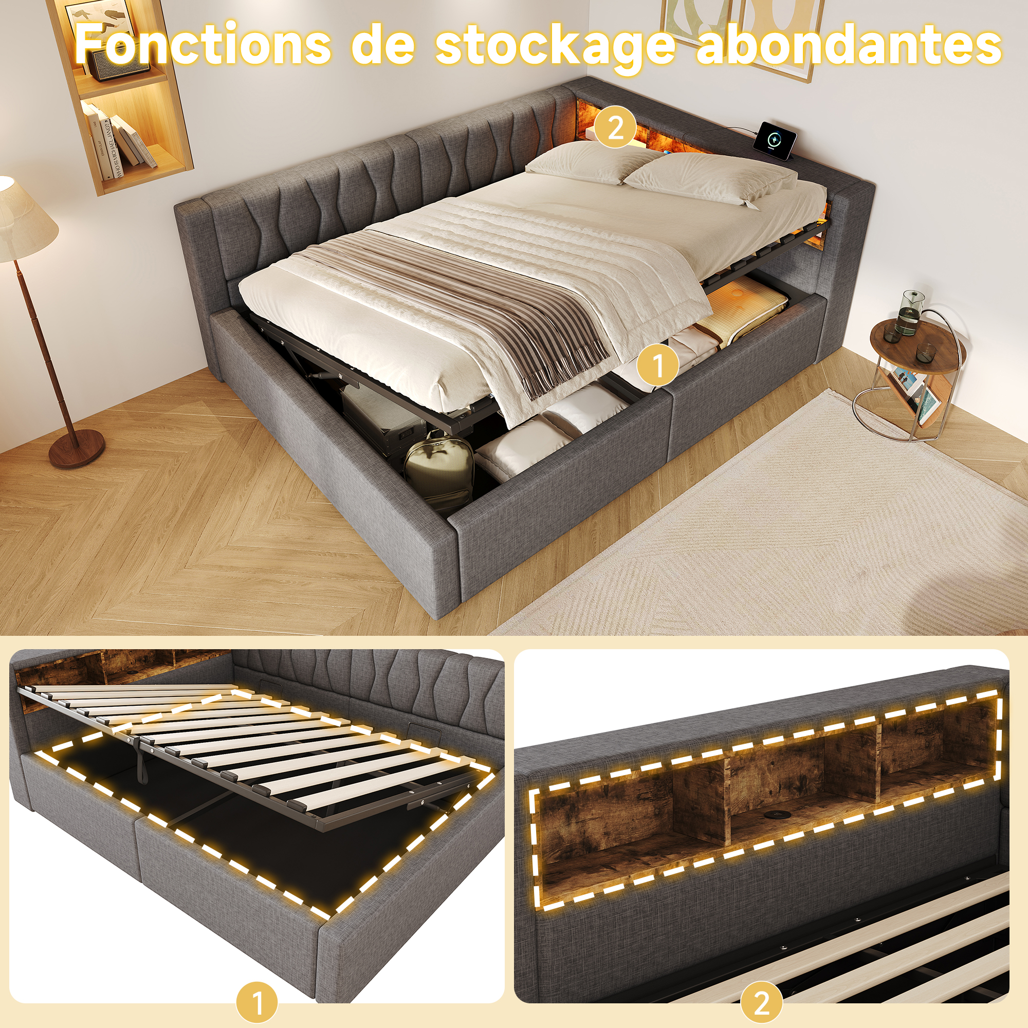 Présentation de Lit banquette rembourré en lin 140 x 200 cm avec rangement hydraulique, LED et ports USB-C, Gris, sans matelas
