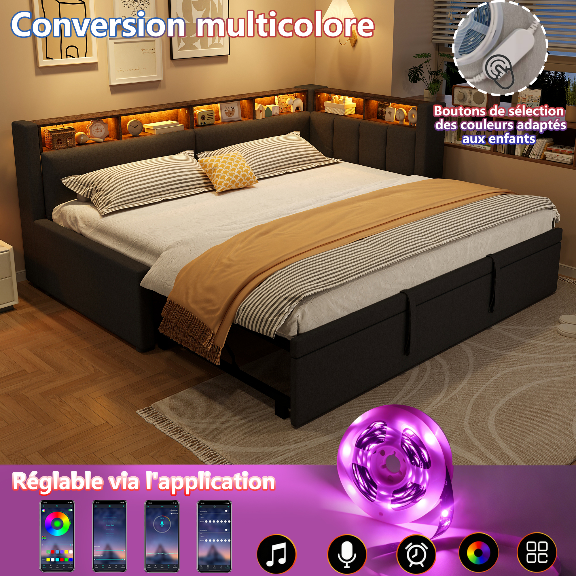 Lit de Jour Convertible 90×200 cm – Lin de Qualité, LED et Rangement Intégré – Dimensions et caractéristiques du couchage