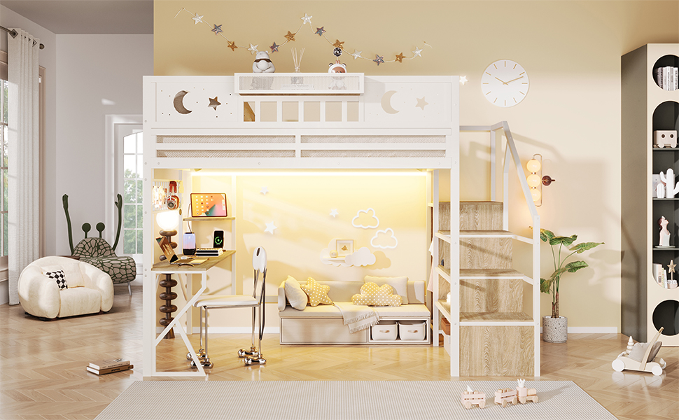 Lit mezzanine 140x200 cm avec bureau intégré, LED et rangements