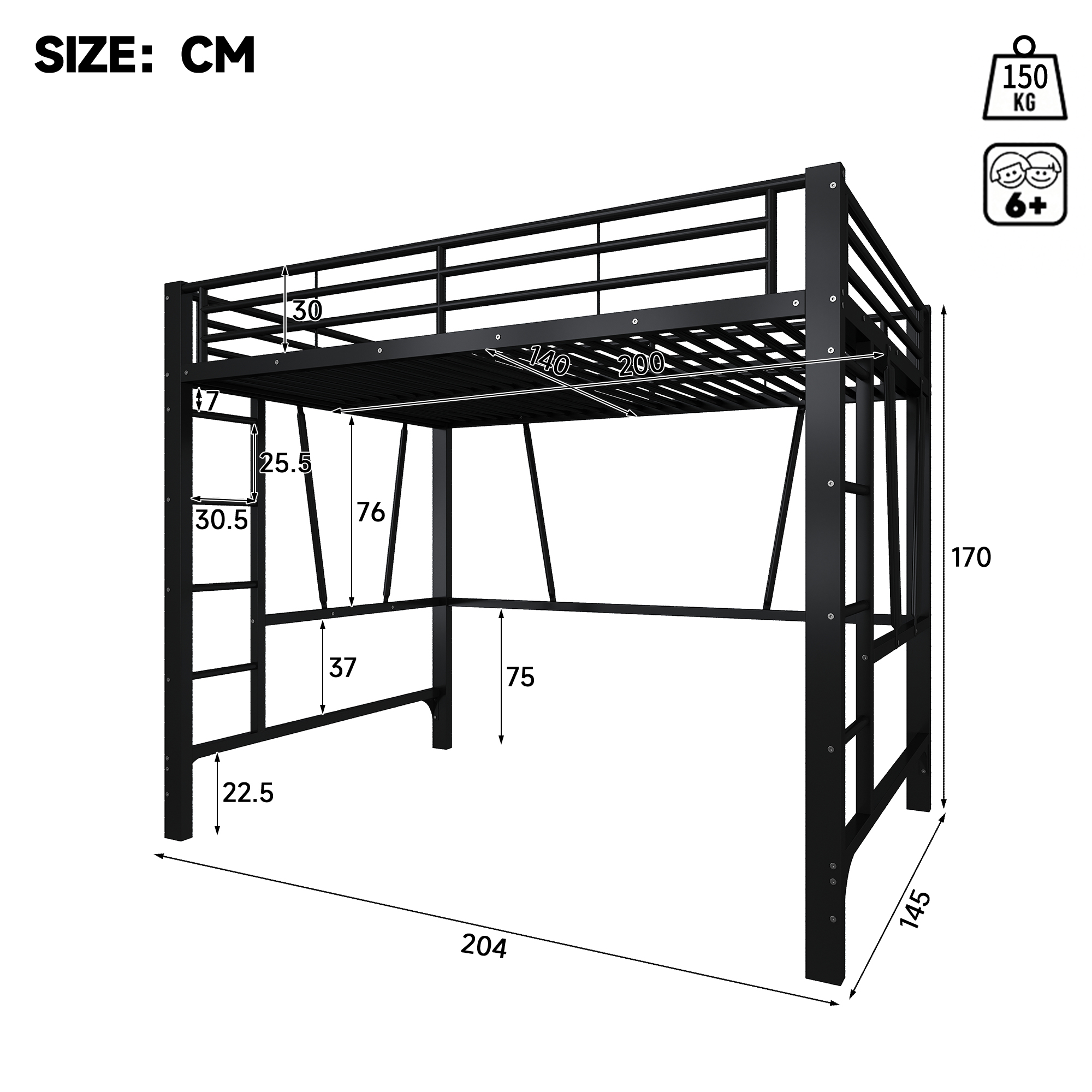 Dimensions et fonctions de Lit mezzanine en métal 140 x 200 cm avec double échelle, rangements, espace inférieur ouvert et barrières de sécurité, Noir, sans matelas