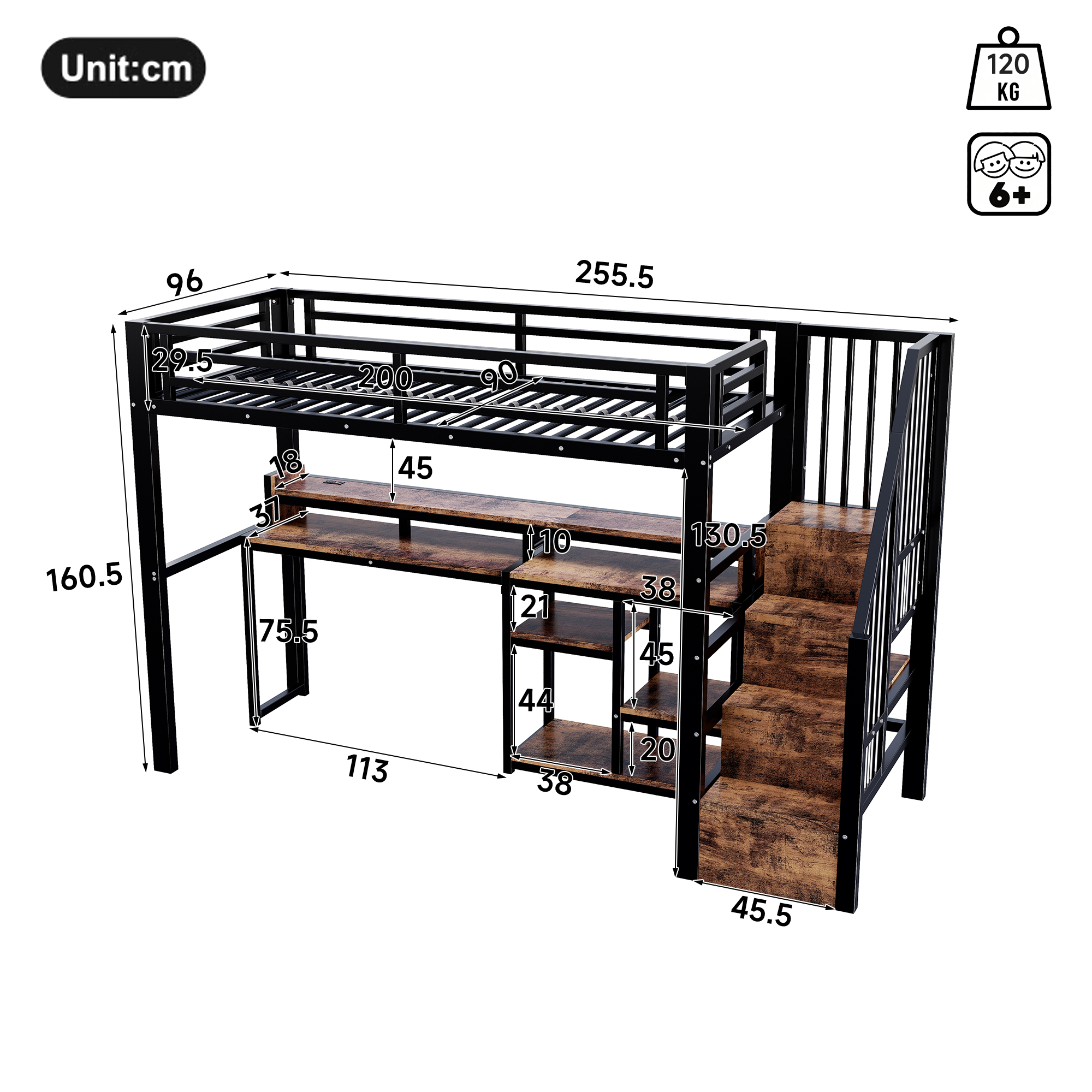 Dimensions lit mezzanine noir 90x200 cm
