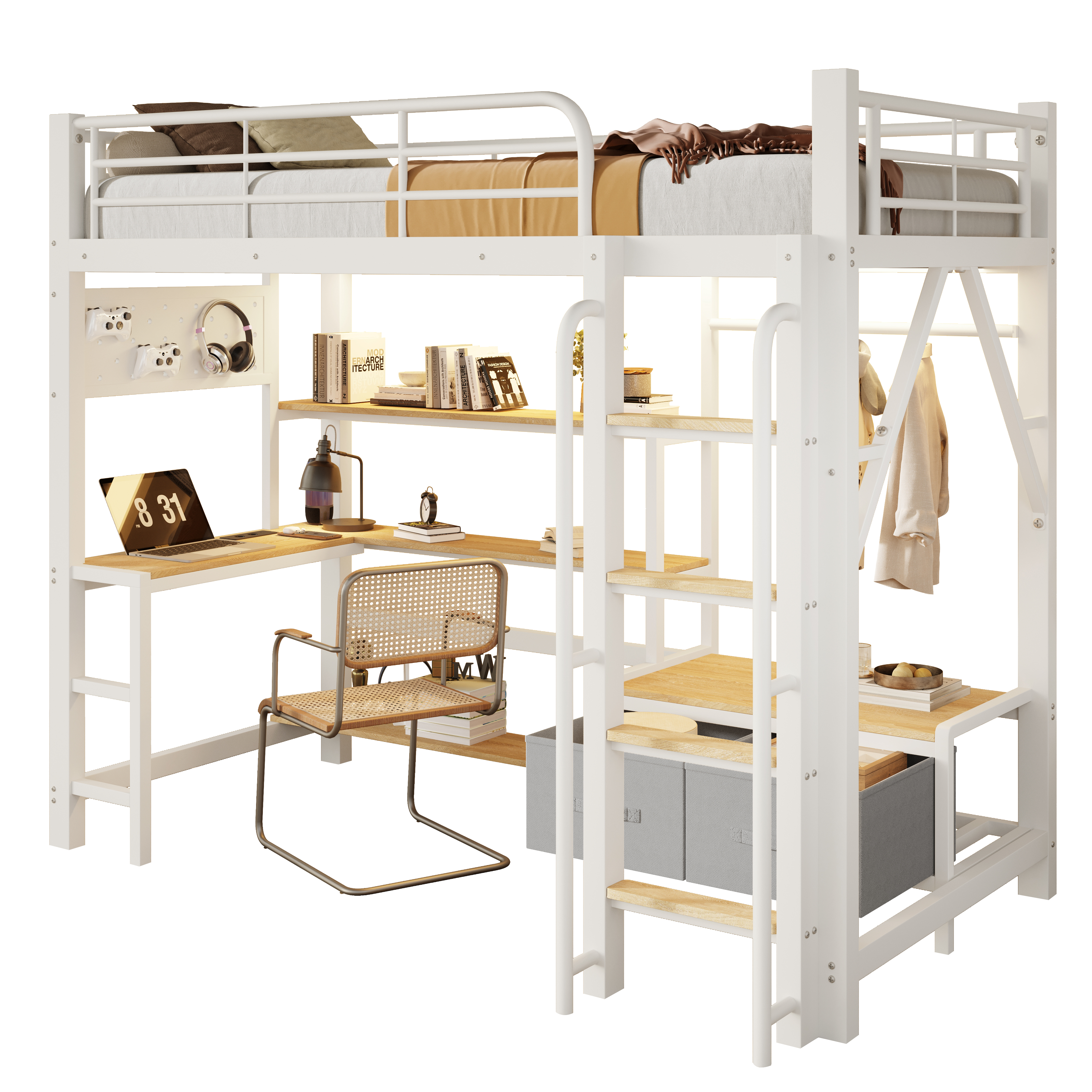 Lit mezzanine 90 x 200 cm avec éclairage LED, port USB / Type-C, prises intégrées, rangements intégrés, bureau intégré, blanc - points forts 1