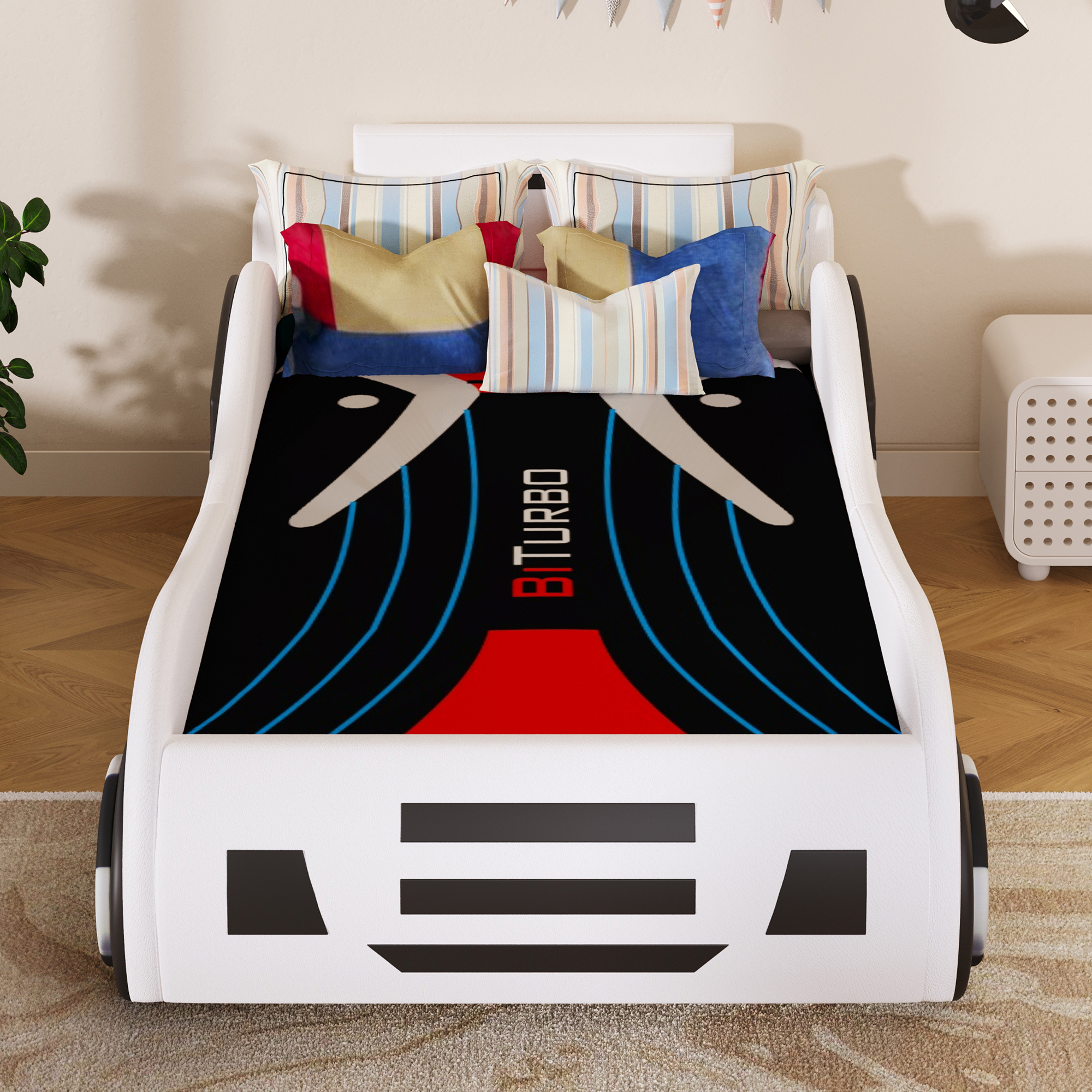 Lit voiture enfant blanc 90 x 200 cm avec rangement hydraulique