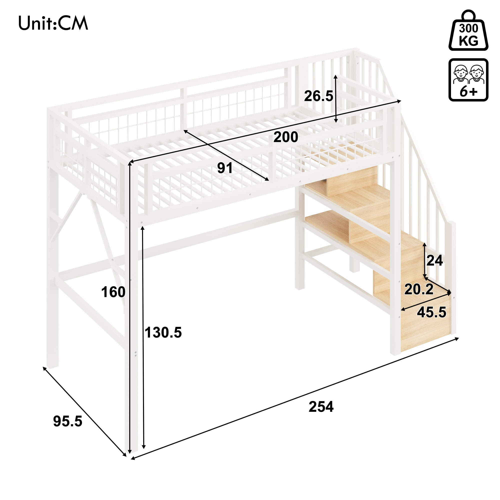 Lit mezzanine 90x200 cm avec rangement, LED métal, MDF blanc - points forts 1
