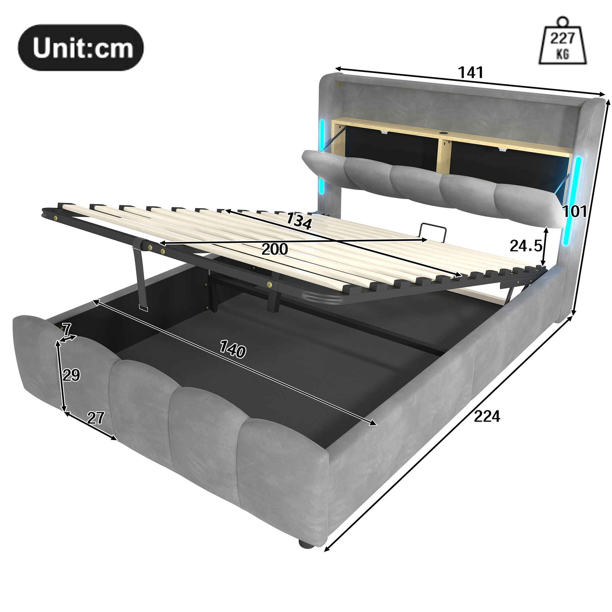 Dimensions et fonctions de Lit coffre rembourré en velours 140 x 200 cm avec rangement hydraulique, LED, ports USB-C et tête de lit avec rangement, Gris, sans matelas