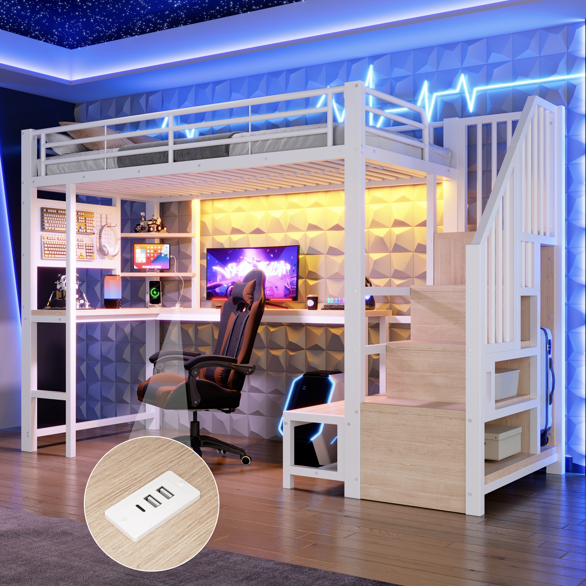 Lit mezzanine blanc 90x200 cm avec bureau LED et rangement