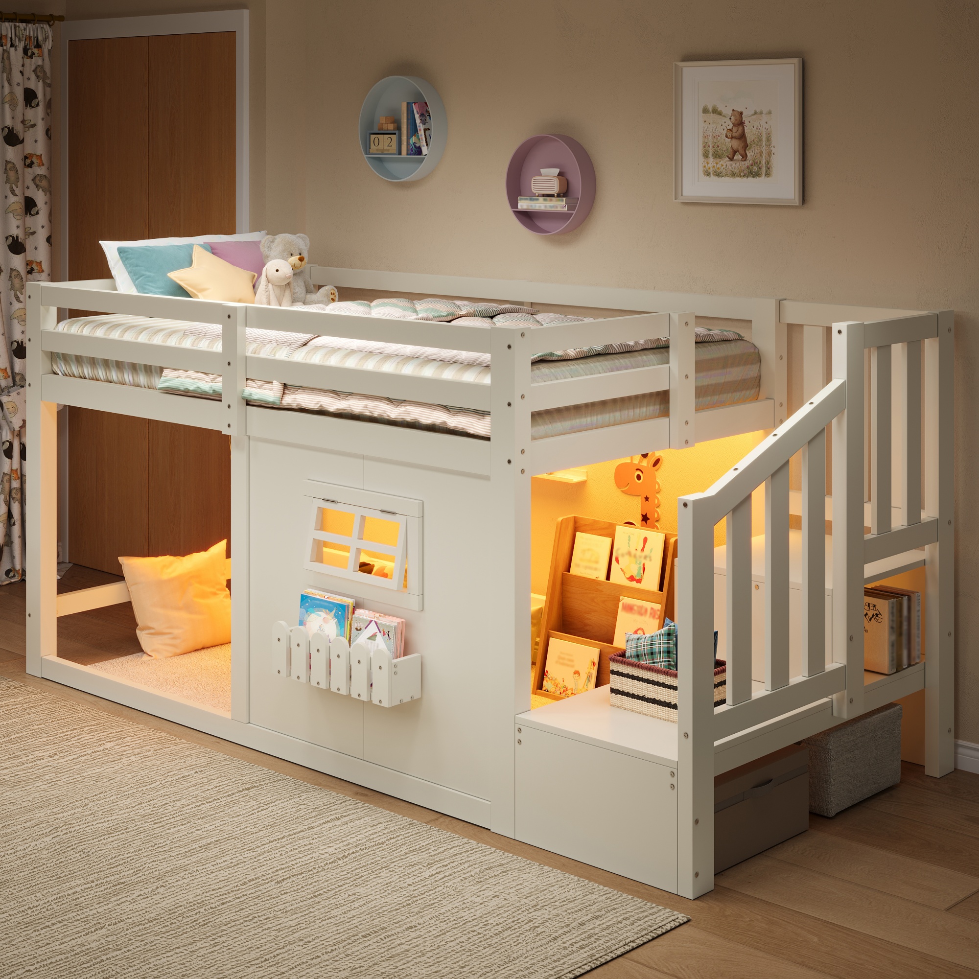 Lit mezzanine en bois 90 x 200 cm avec éclairage LED, escalier avec rangements et barrières de sécurité, Blanc, sans matelas