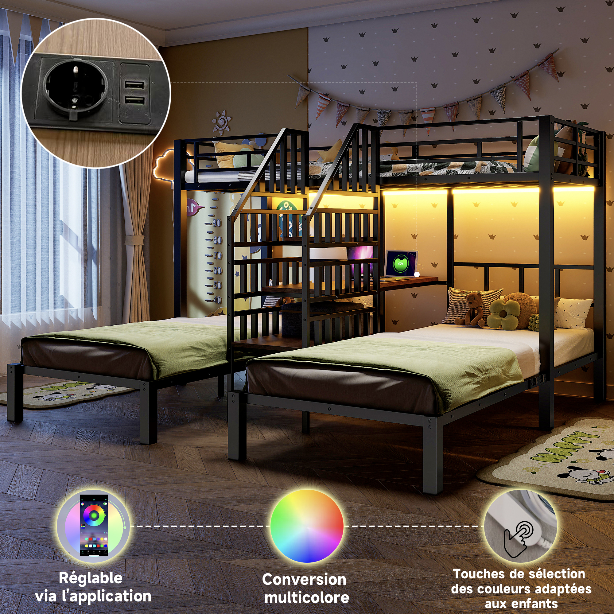 Lit superposé 90 x 200 cm, bureau intégré, escalier de rangement, éclairage LED, prise intégrée, métal, noir, 239 x 208 x 147,3 cm 🛏️🪜 - points forts 1
