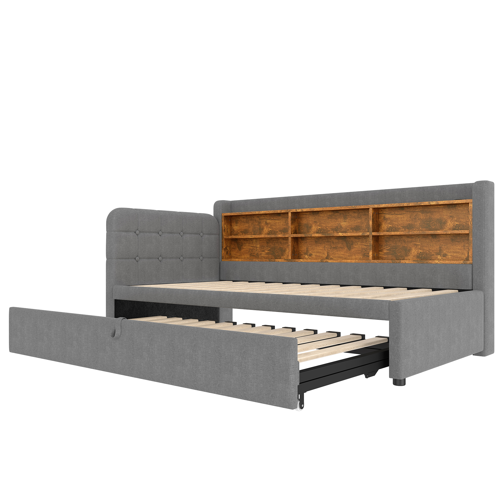 Lit en chanvre et MDF avec escamotable 180×200 cm, USB + Type-C, tête à boutons faite main, style rétro, pour petit appartement, matériau écologique, couchage spacieux, recharge au lit, design élégant, confort, fonctionnalité - image 15