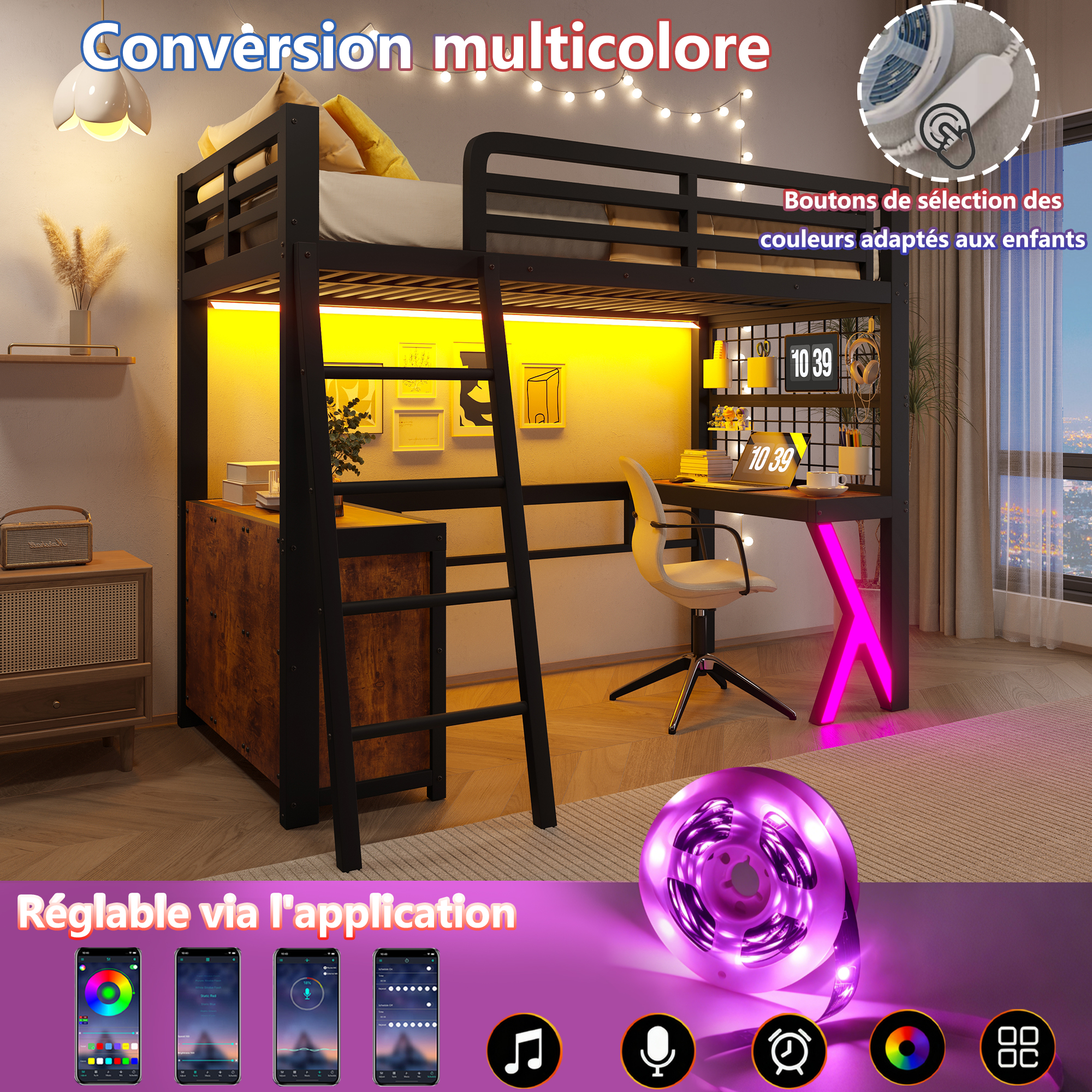 Dimensions du lit mezzanine noir 90 x 200 cm avec bureau et LED