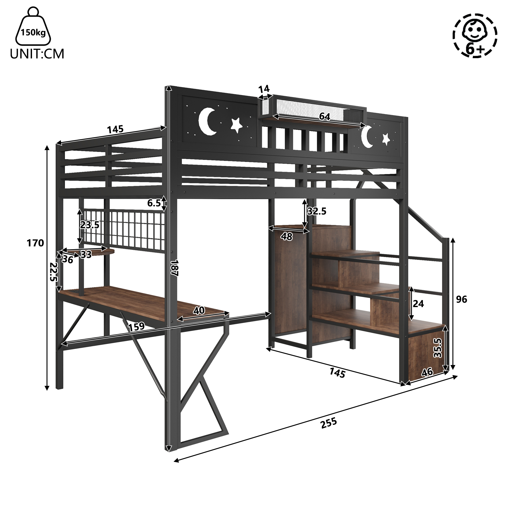 Lit mezzanine 140 x 200 cm, bureau intégré, échelle, éclairage LED au niveau du bureau, prise intégrée, métal et MDF, noir, 255 x 159 x 187 cm - vue complémentaire 1
