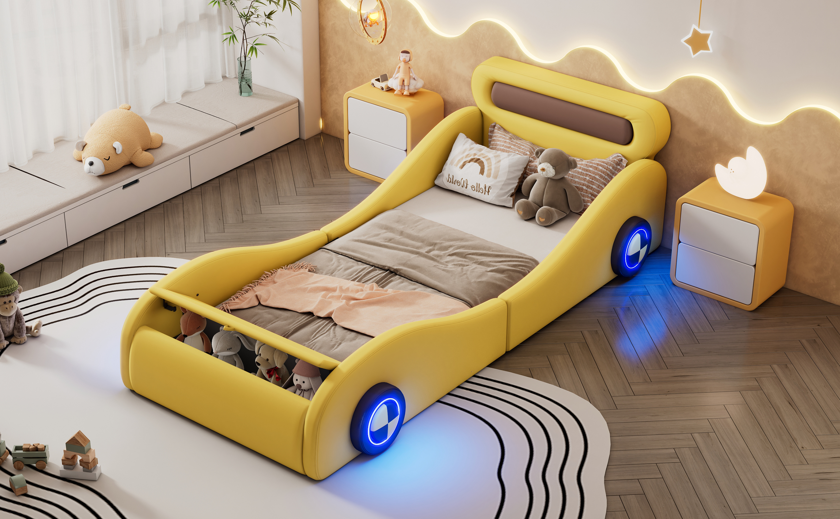 Lit enfant voiture jaune 90x200 cm avec LED
