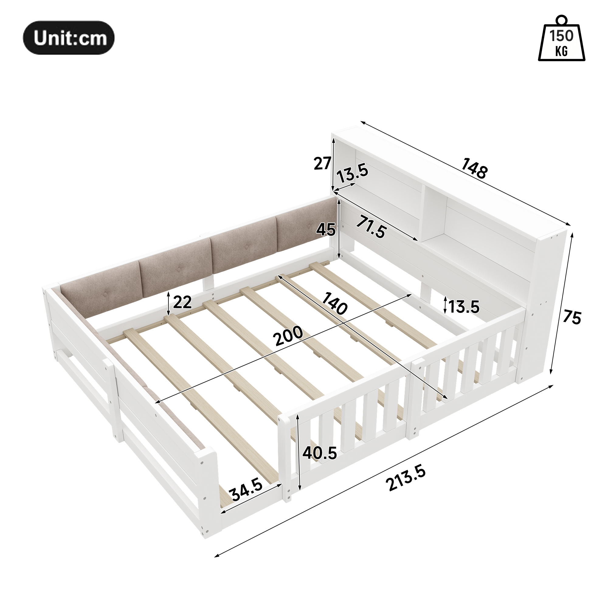 Dimensions et fonctions de Lit enfant 140 x 200 cm avec LED et protection rembourrée, Blanc, sans matelas