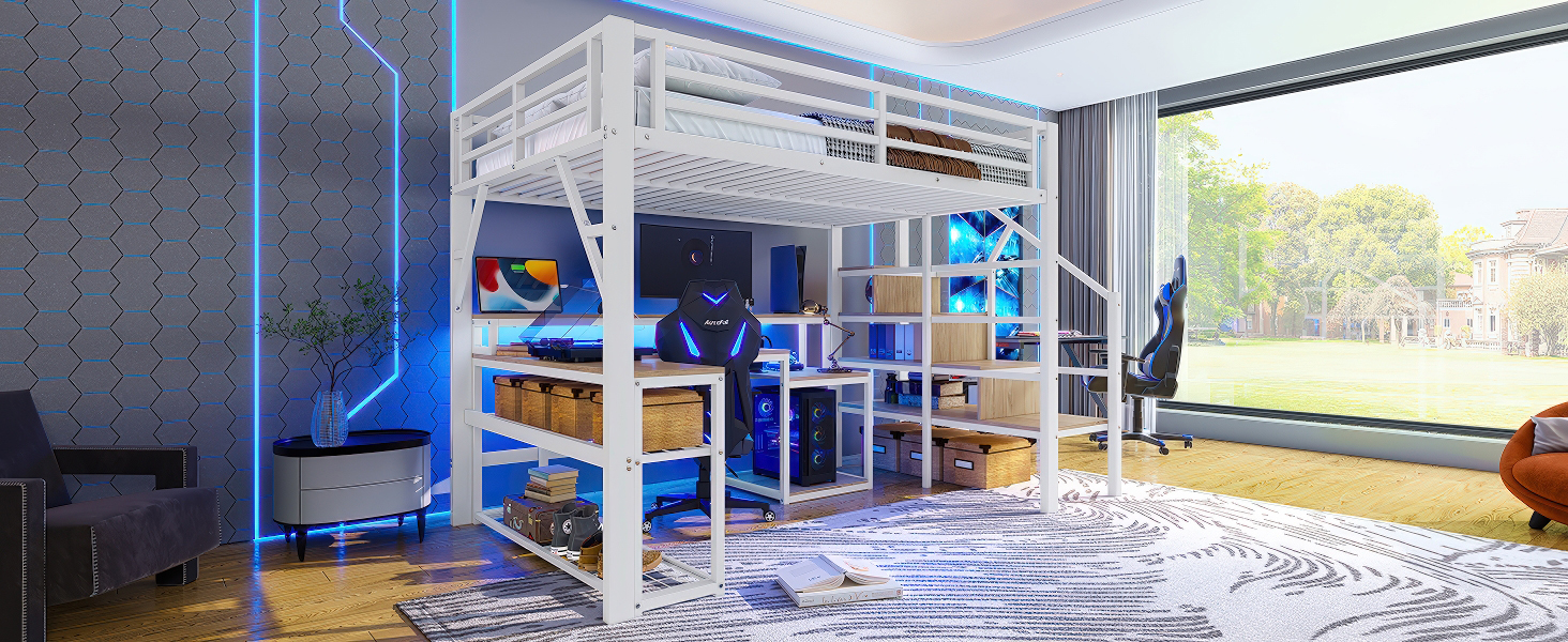 Lit mezzanine fer et MDF avec LED contrôlable app, USB, étagères et compartiments, pour chambre d'enfant et étude, structure stable, ambiance lumineuse, beaucoup de rangement, design moderne, sécurité - image 22