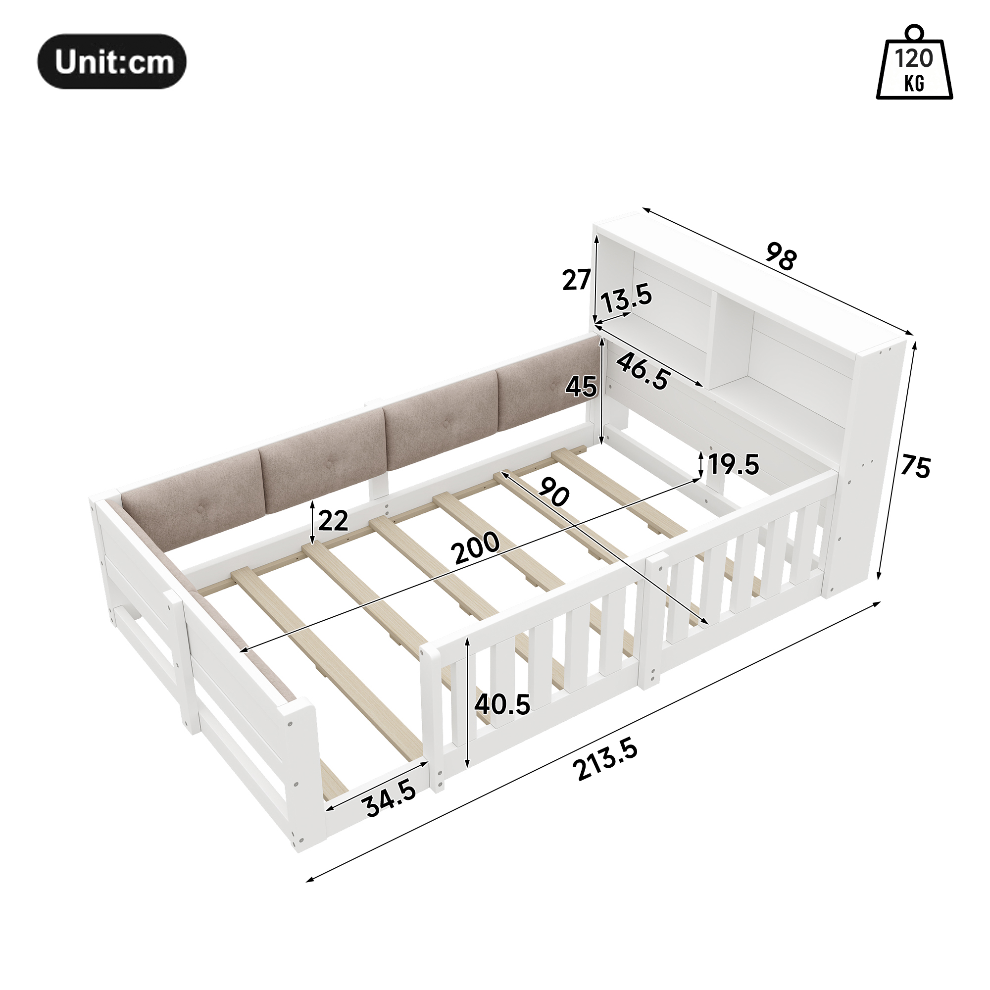 Dimensions et fonctions de Lit enfant 90 x 200 cm avec LED et protection rembourrée, Blanc, sans matelas