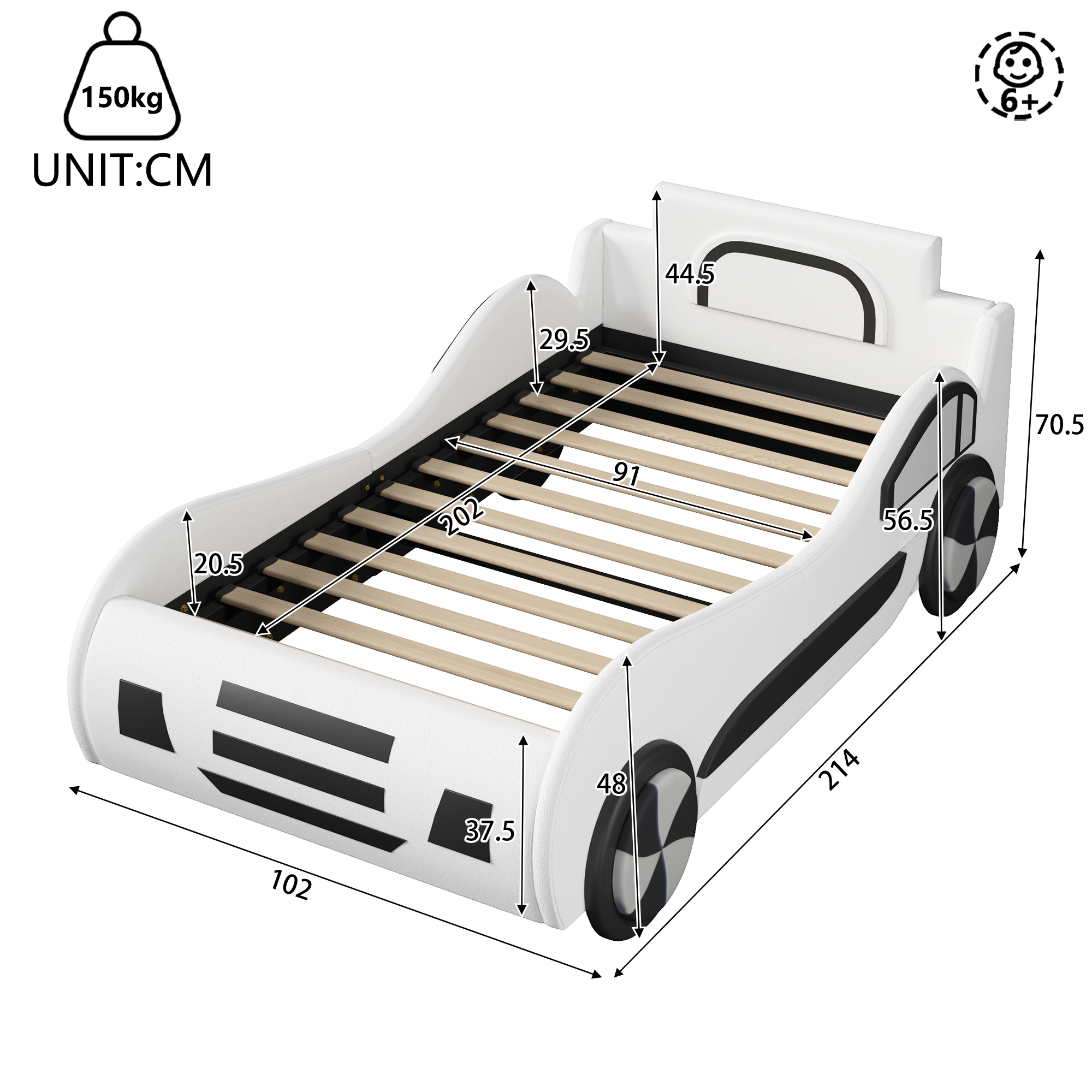 Vue complète du lit voiture enfant blanc avec rangement