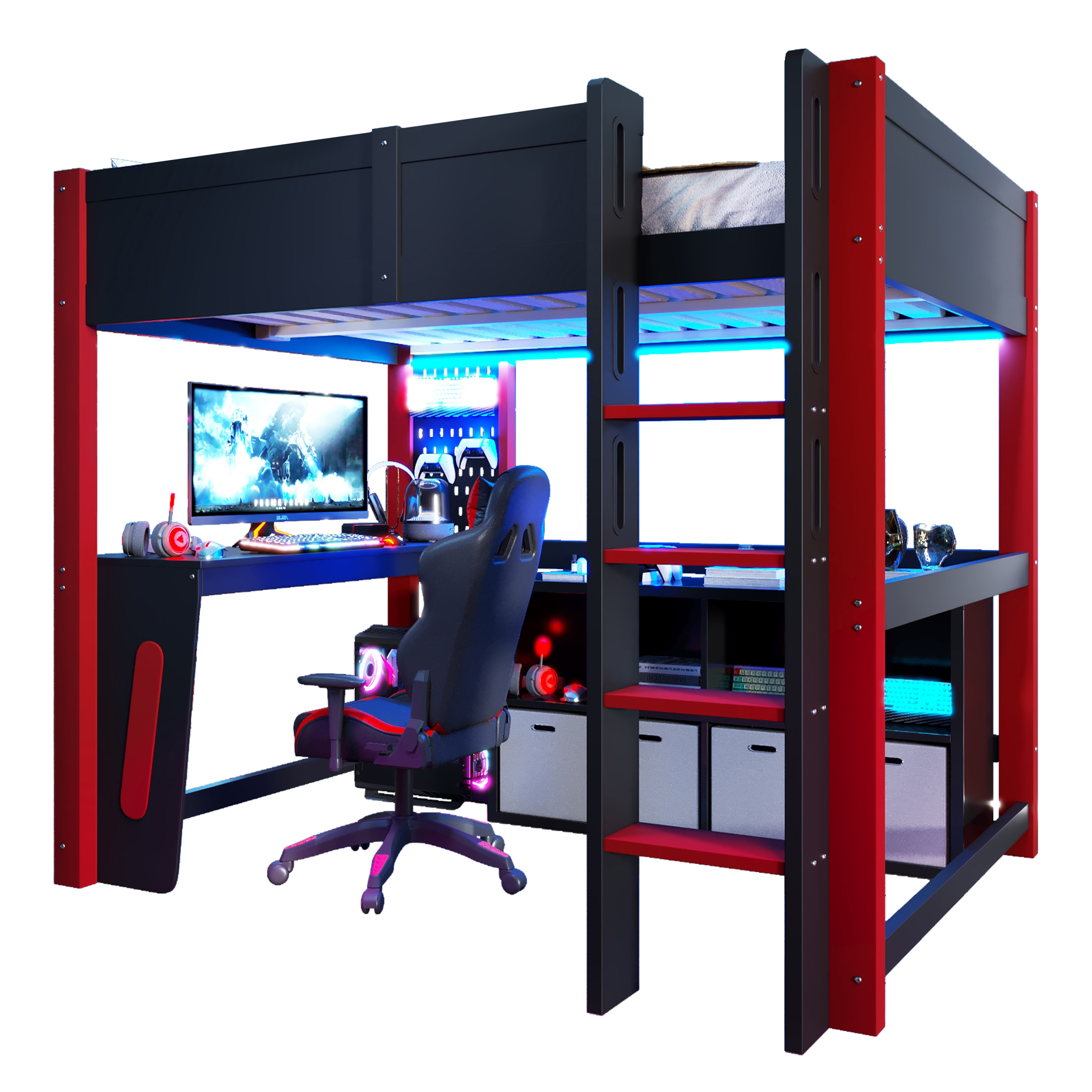 Lit mezzanine 140 x 200 cm avec bureau, LED, MDF et pin, Noir - fonctions