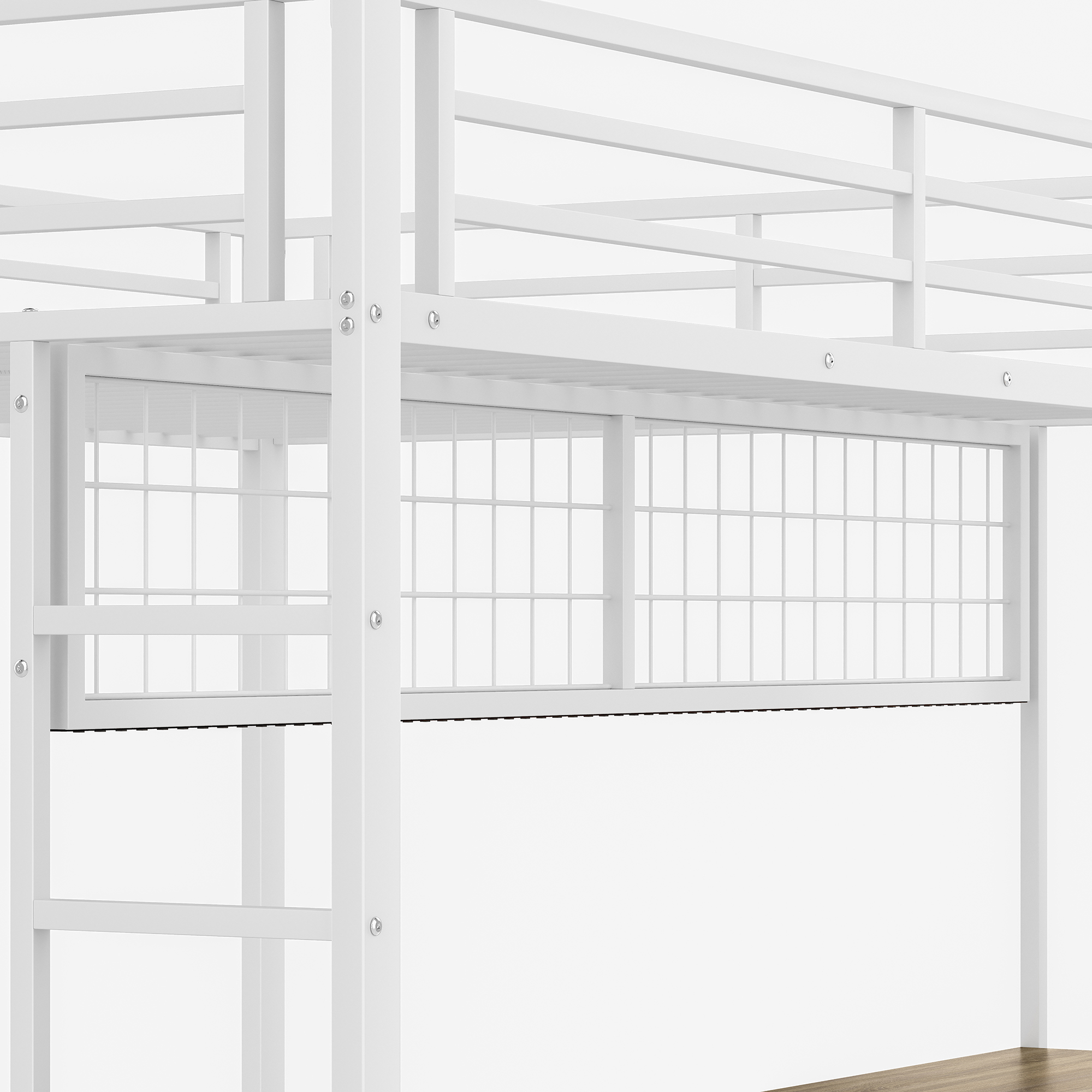 Lit mezzanine fer avec tiroirs, étagères étagées, grille suspendue, pour chambre d'enfant et étude, structure stable, beaucoup de rangement, organisation personnalisée, design fonctionnel, sécurité, durabilité - image 13