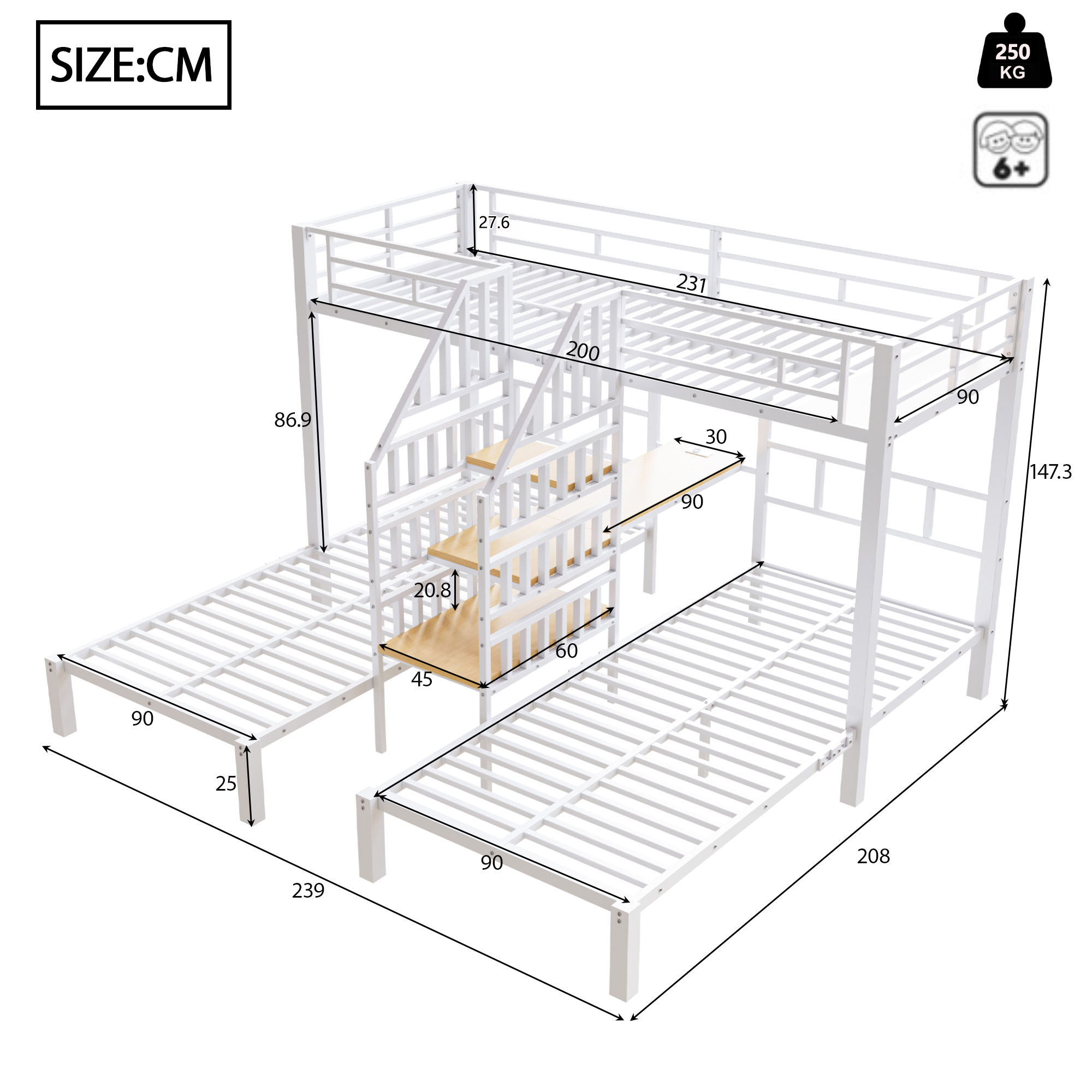 Lit superposé 90 x 200 cm, bureau intégré, escalier de rangement, éclairage LED, prise intégrée, métal, blanc, 239 x 208 x 147,3 cm 🛏️🪜 - vue complémentaire 1