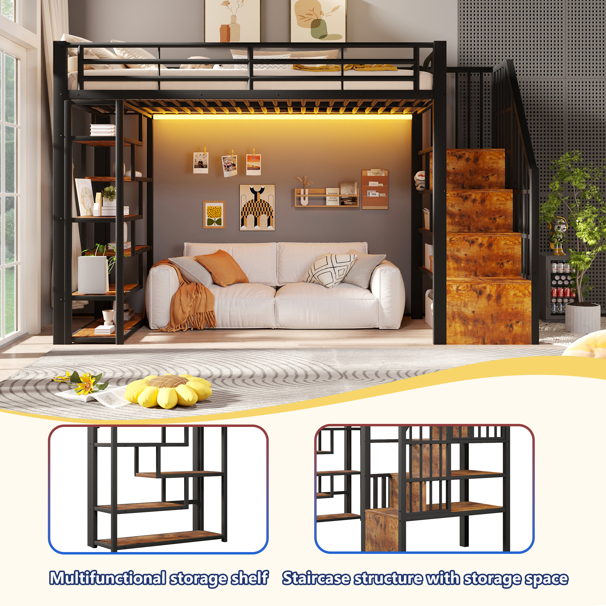Lit mezzanine 90 x 200 cm, escalier, éclairage LED sous le couchage, garde-corps, rangements intégrés, métal et MDF, noir, 252 x 95 x 170 cm - points forts 1