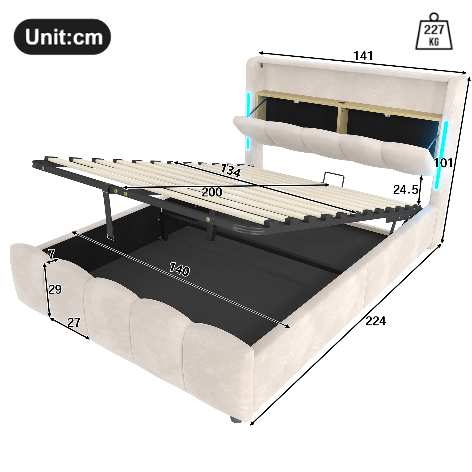Dimensions et fonctions de Lit coffre rembourré en velours 140 x 200 cm avec rangement hydraulique, LED, ports USB-C et tête de lit avec rangement, Beige, sans matelas