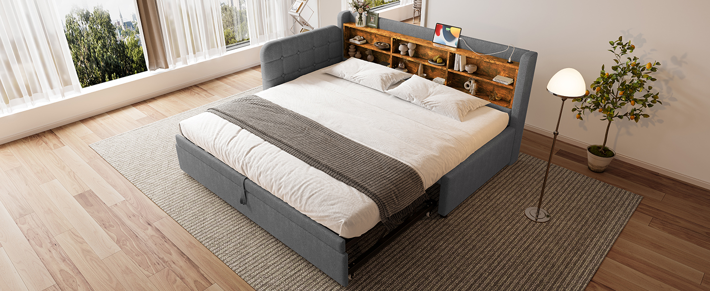 Lit en chanvre et MDF avec escamotable 180×200 cm, USB + Type-C, tête à boutons faite main, style rétro, pour petit appartement, matériau écologique, couchage spacieux, recharge au lit, design élégant, confort, fonctionnalité - image 23