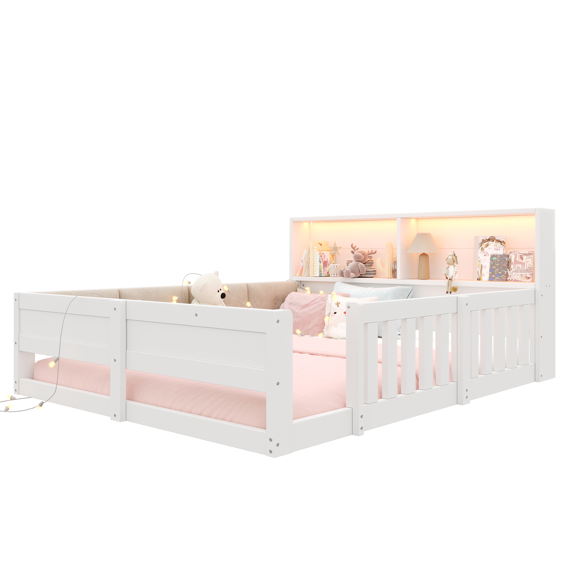 Détails de Lit enfant 140 x 200 cm avec LED et protection rembourrée, Blanc, sans matelas