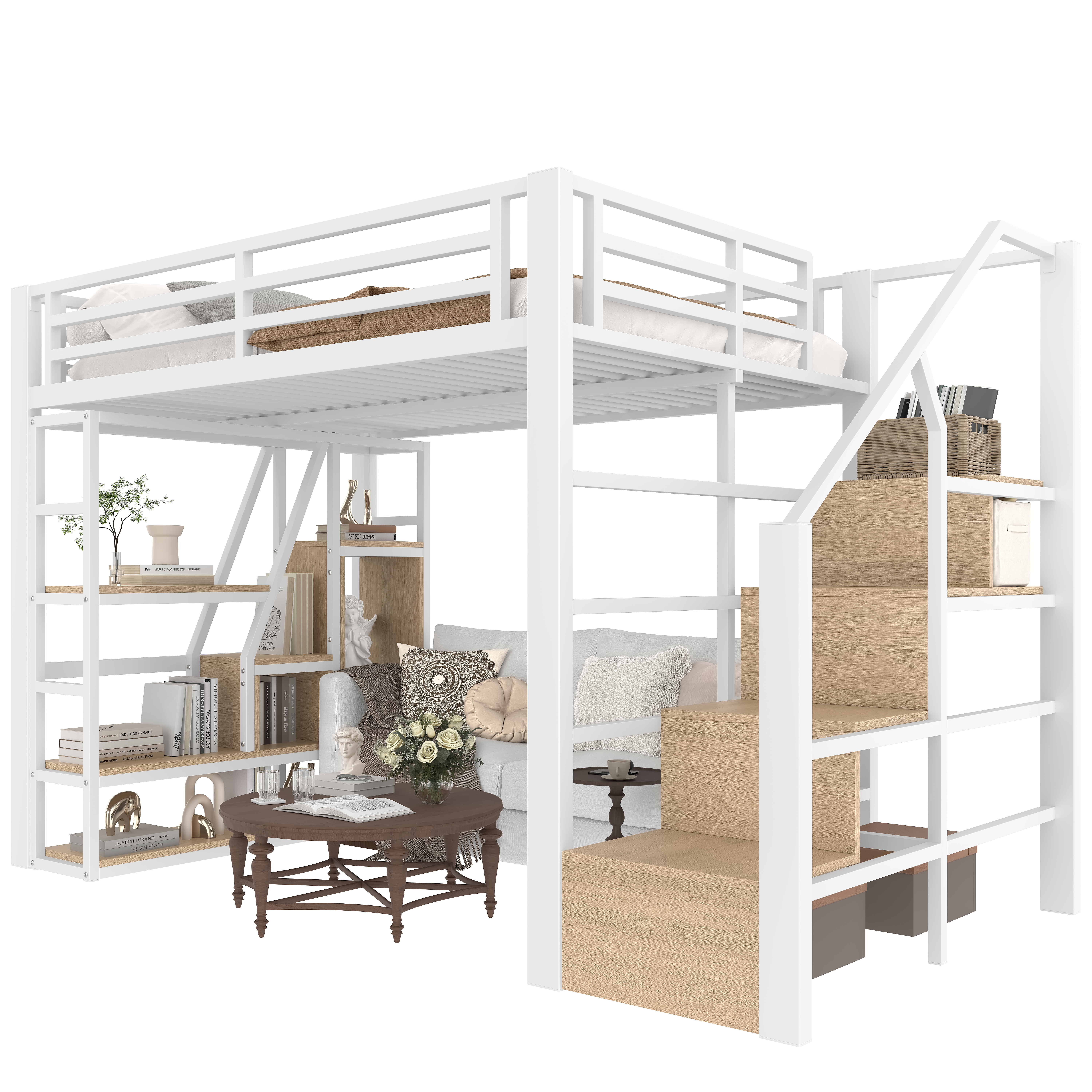 Lit mezzanine 140 x 200 cm avec éclairage LED, rangements intégrés, blanc - points forts 1