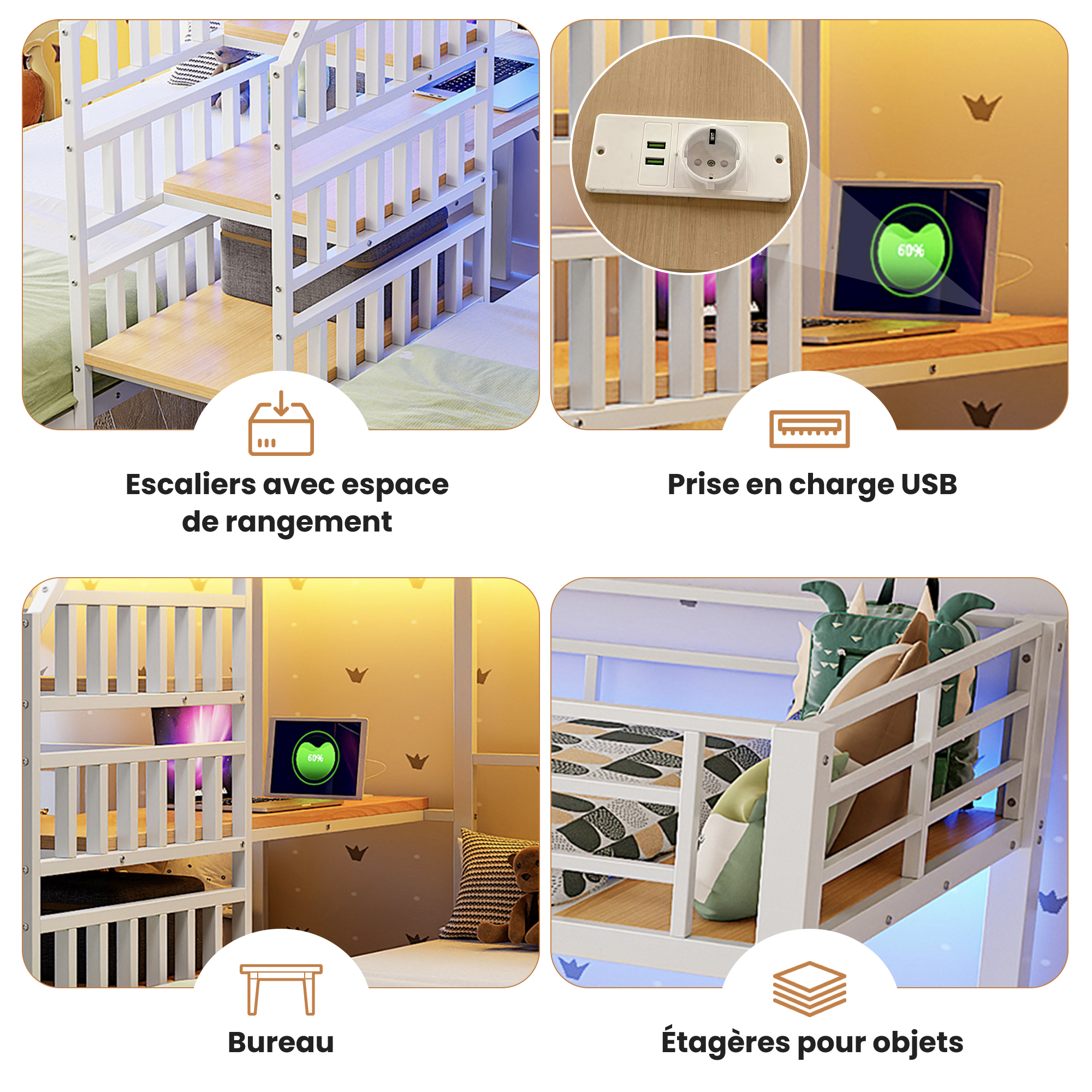 Lit superposé 90 x 200 cm, bureau intégré, escalier de rangement, éclairage LED, prise intégrée, métal, blanc, 239 x 208 x 147,3 cm 🛏️🪜 - points forts 1