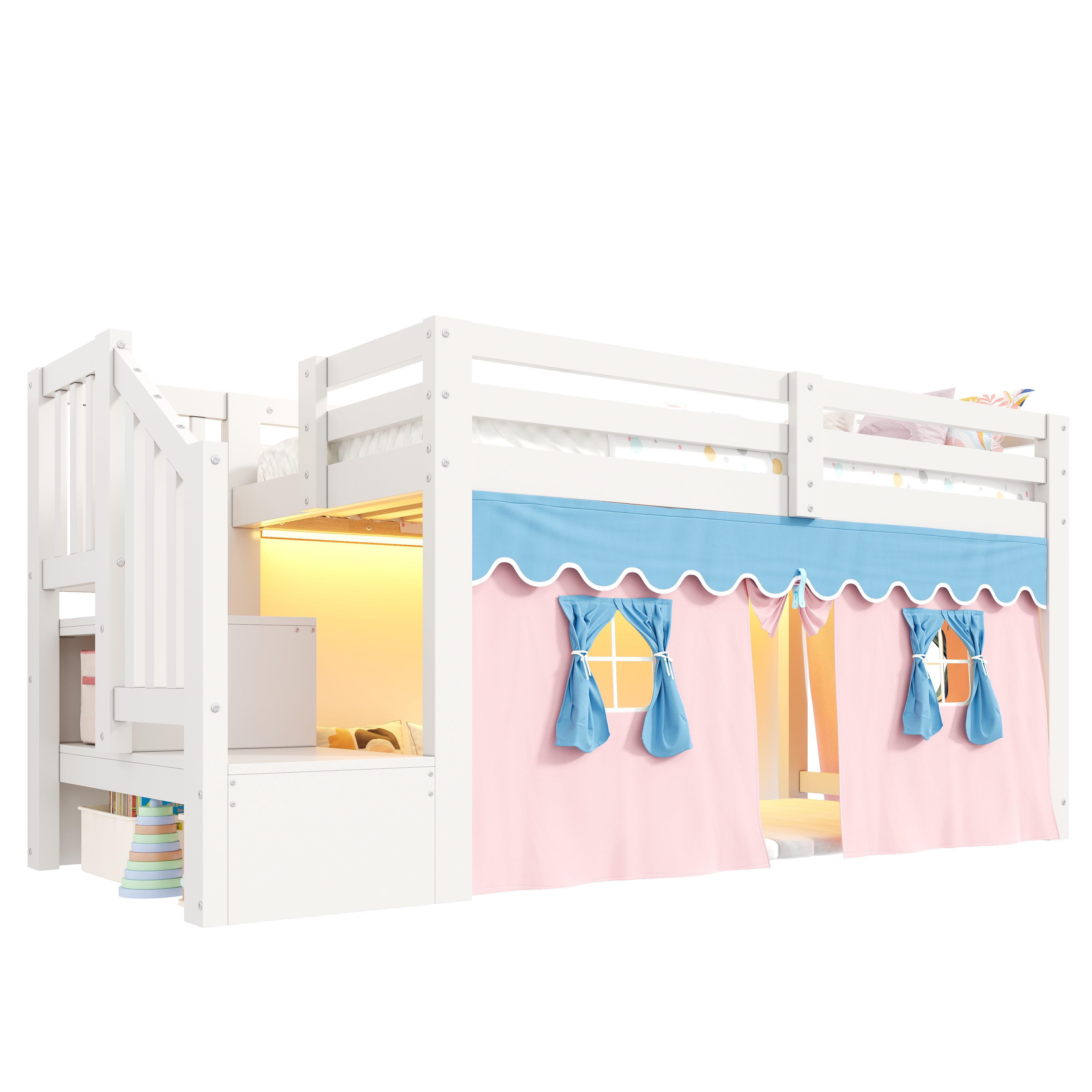 Détails lit mi-hauteur blanc avec escalier rangement