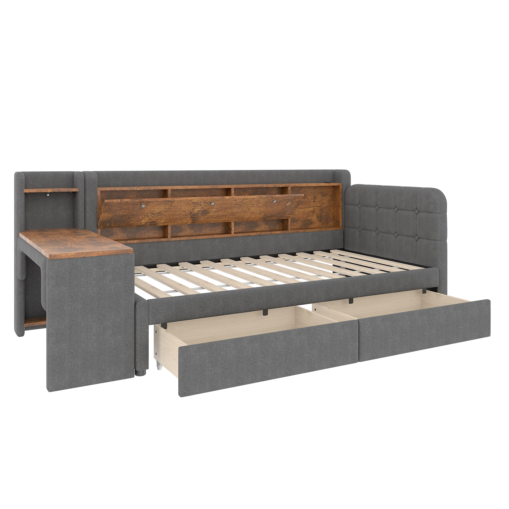 Lit en chanvre et MDF, rangement avec couvercle rabattable et étagère, bureau flexible, pour chambre, matériau écologique respirant, design intelligent, beaucoup de stockage, style naturel, durabilité - image 11